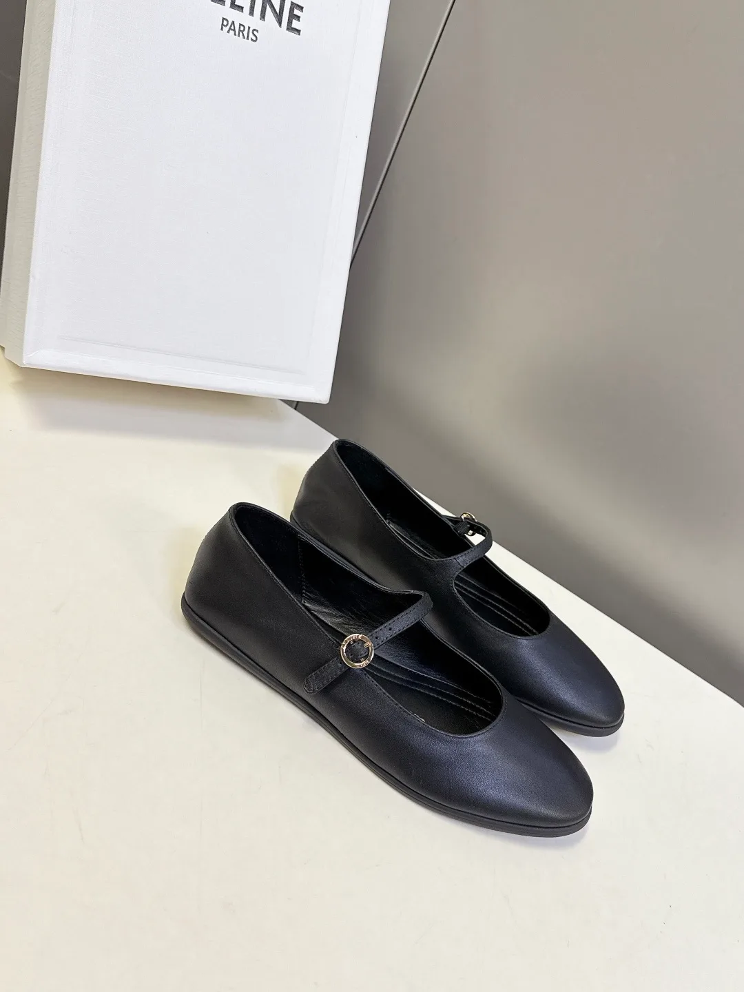 Celine Calfskin Square-Toe Mary Jane Flats in Black · view 2