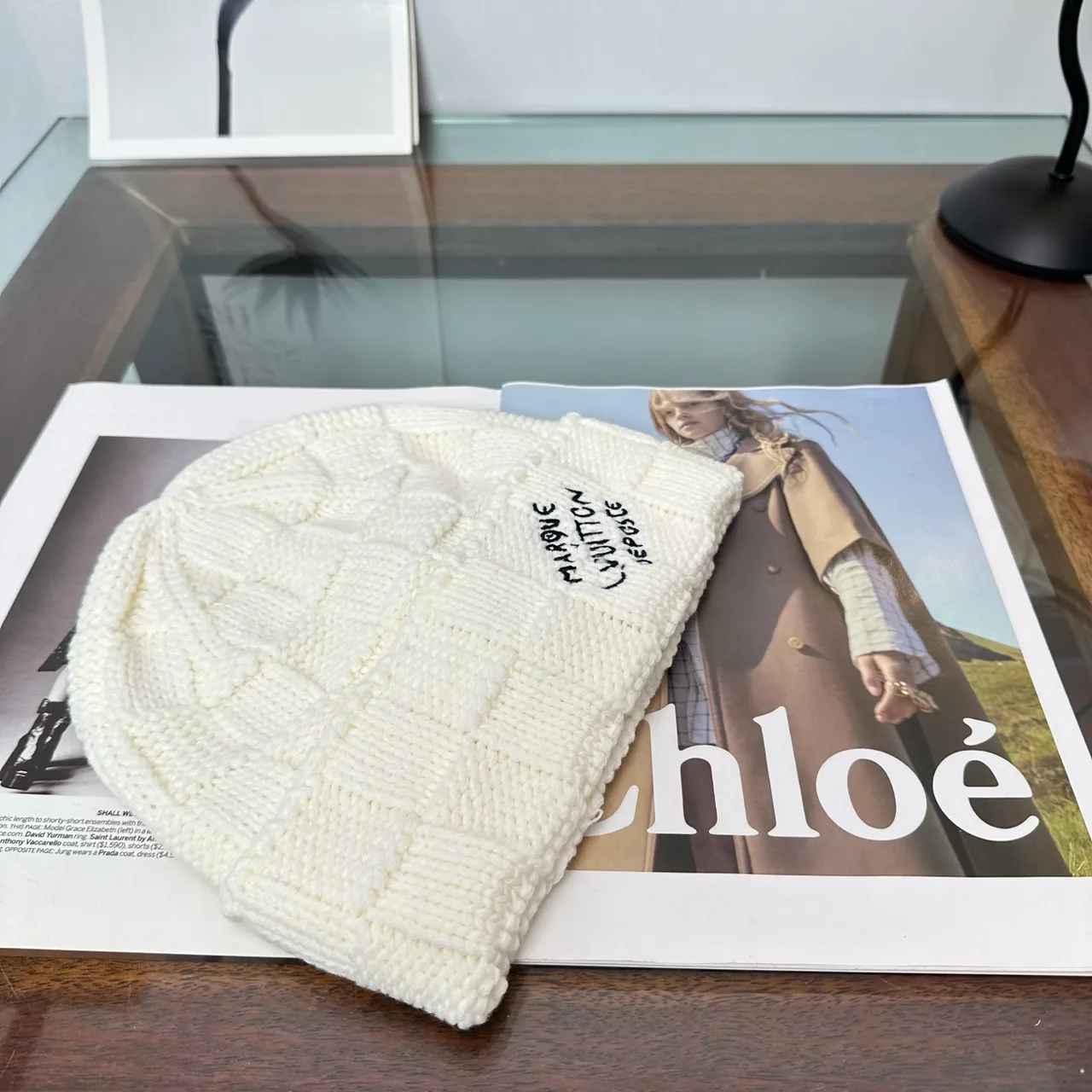 Louis Vuitton Cable-Knit Beanie in Cream & Black · view 4