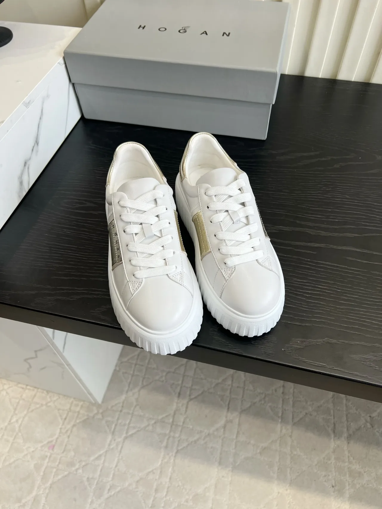 Hogan Cowhide Lace-Up Sneakers in White · view 1