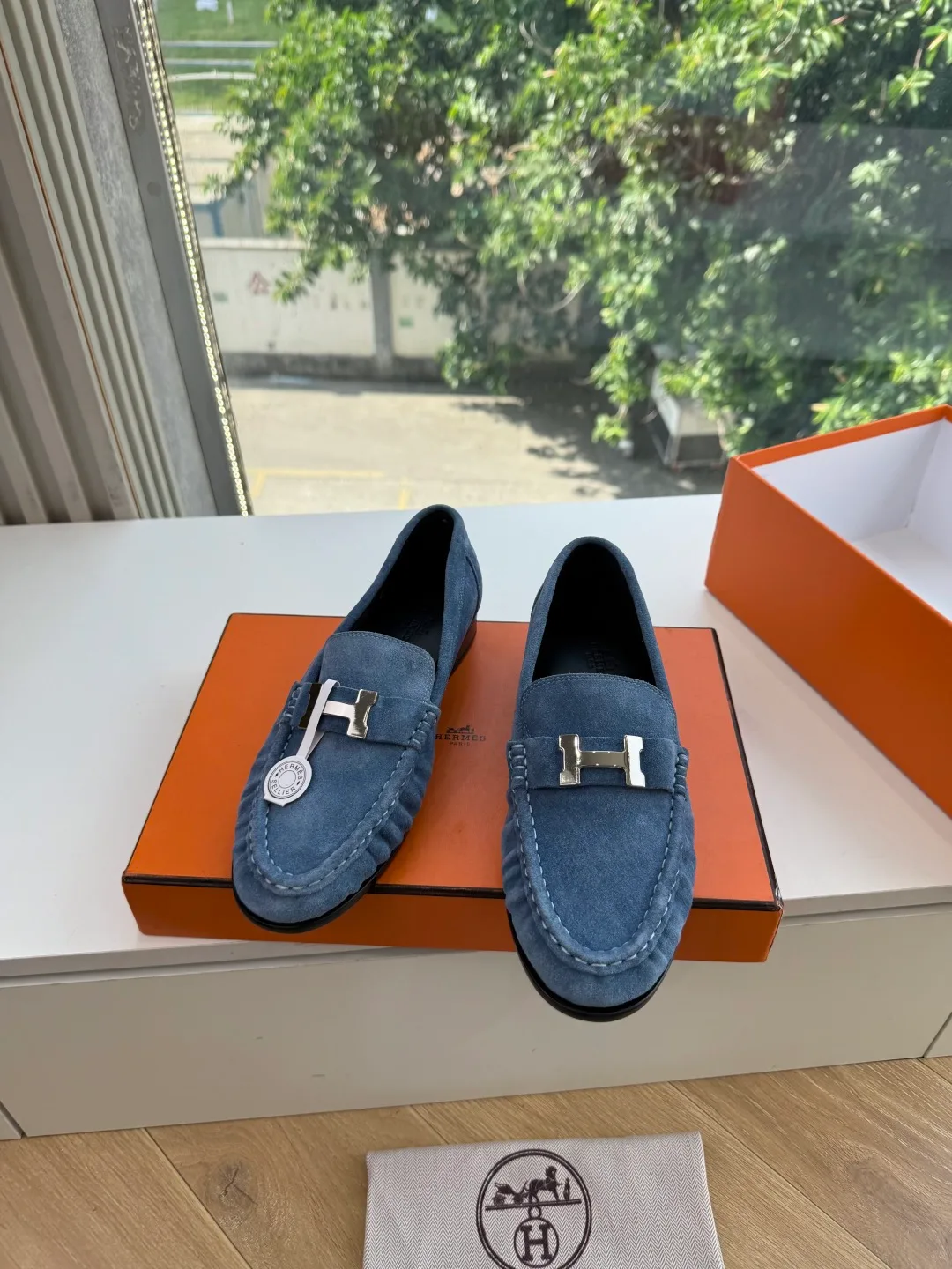 Hermes Calfskin Suede-Look Round-Toe Loafers in Blue · view 4