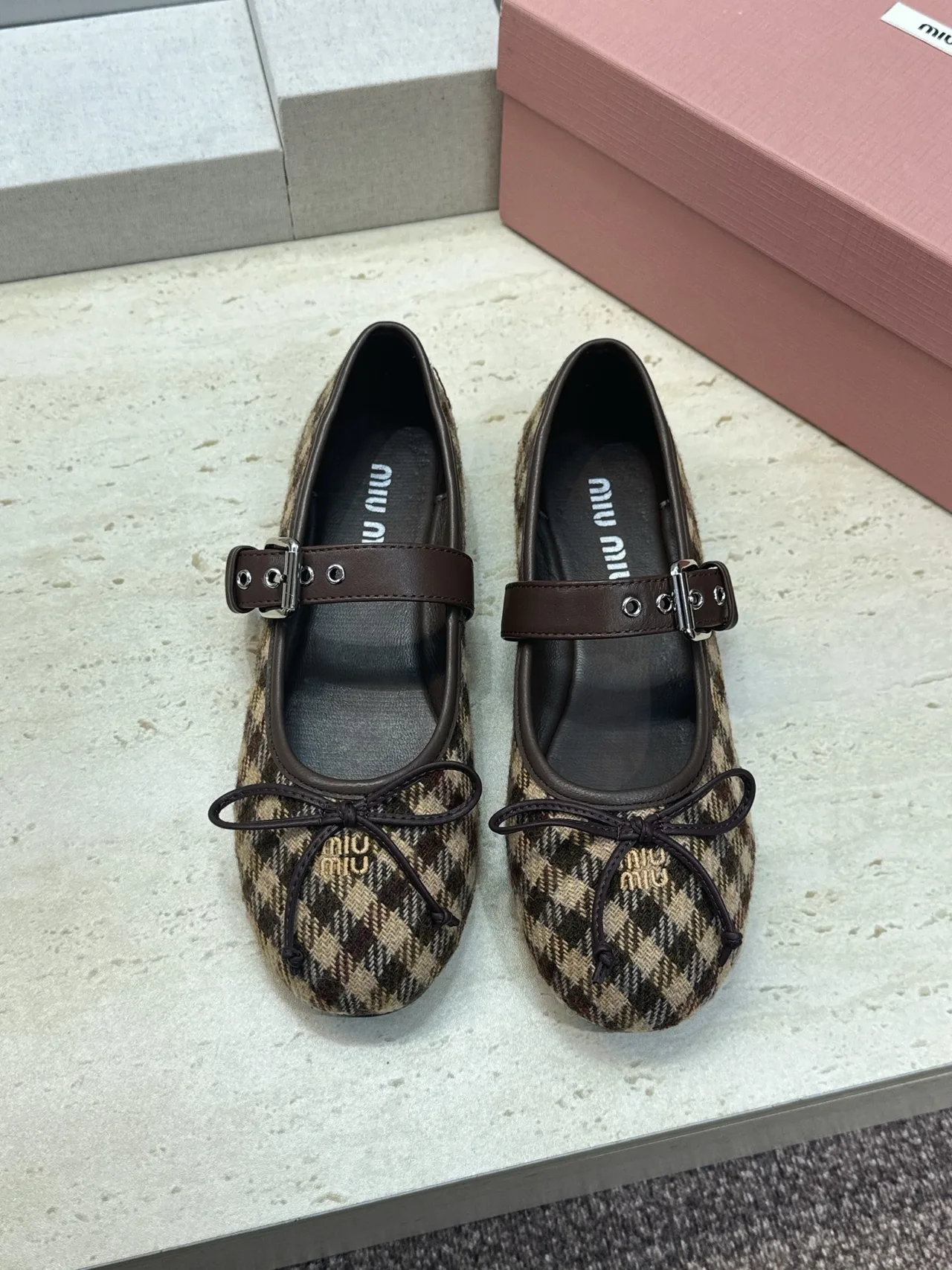 Miu Miu Calfskin Check Round-Toe Mary Jane Flats in Brown · view 2