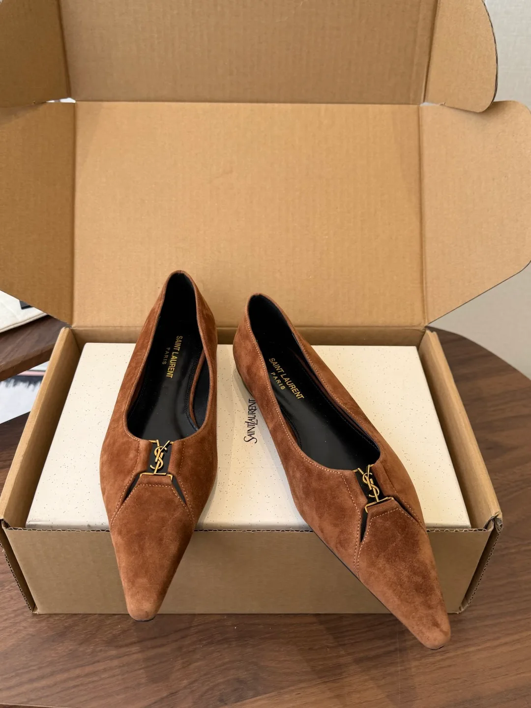 Saint Laurent Sheepskin Suede-Look Pointed-Toe Flats in Brown · view 4
