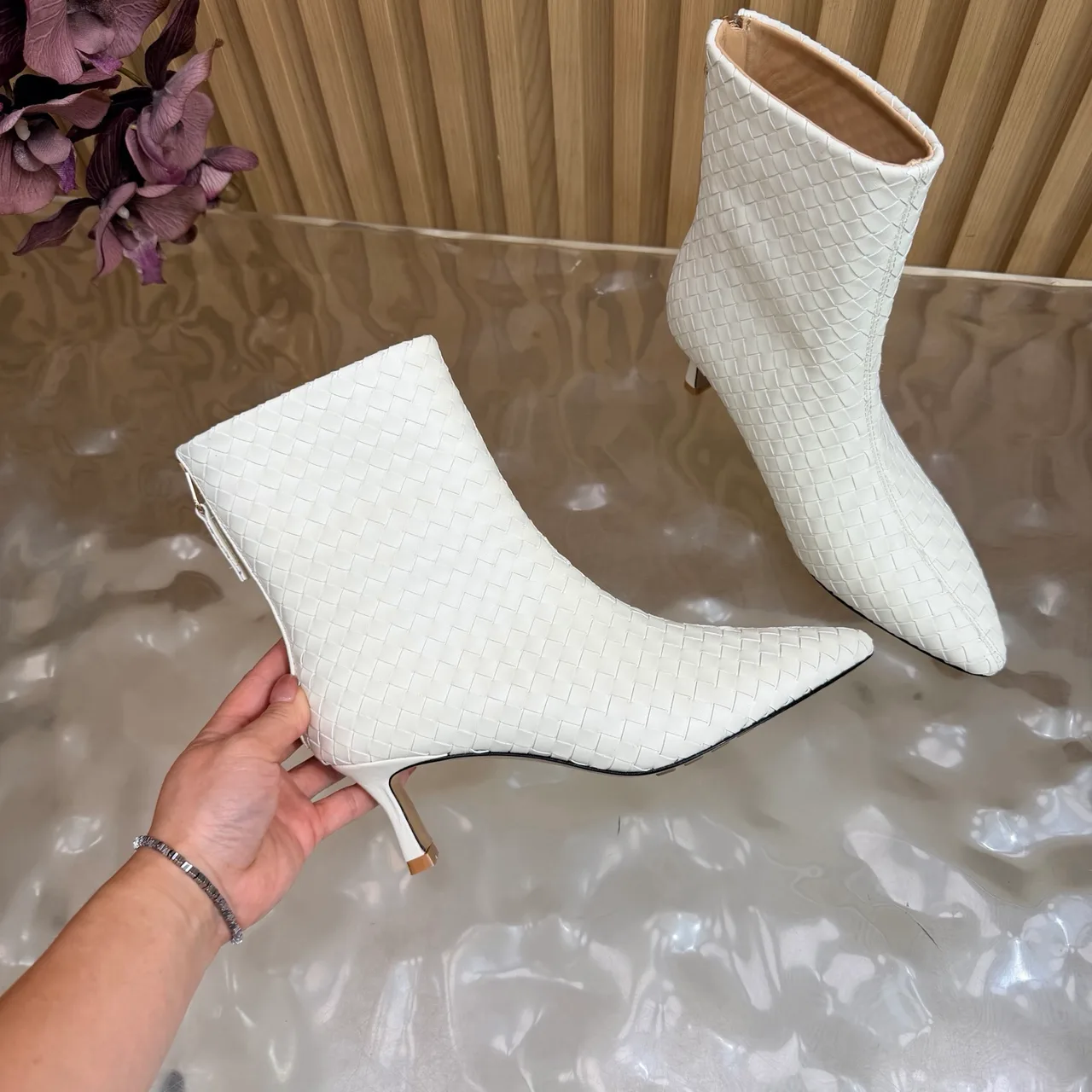 Bottega Veneta Pointed-Toe Woven Ankle Boots in White · view 8