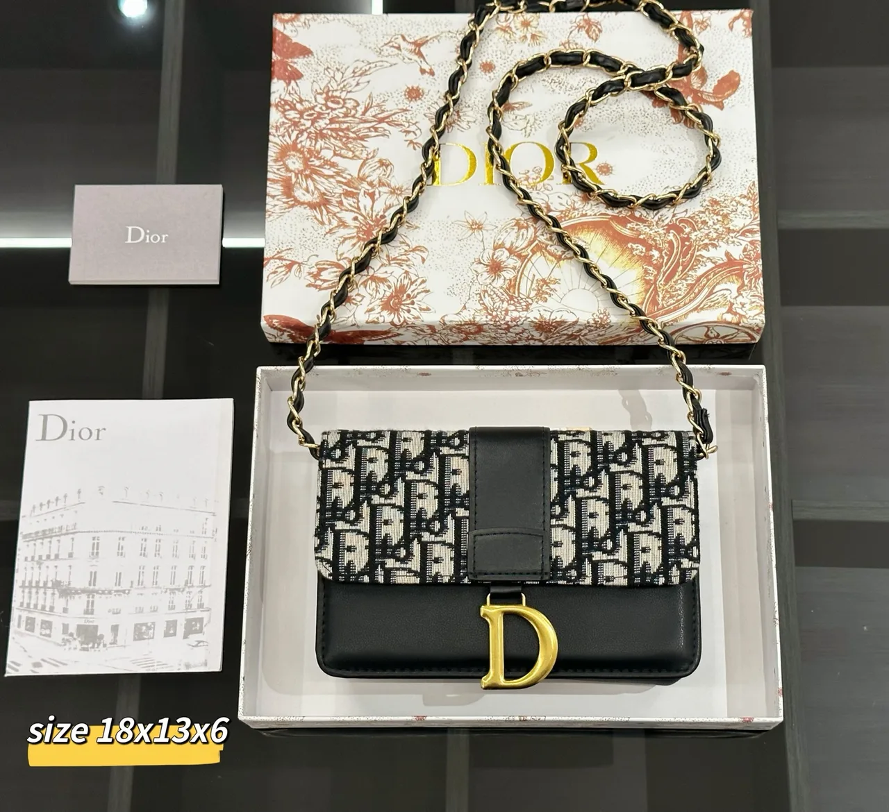Dior Saddle-Style Chain Wallet in White / Black / Grey / Blue · view 5
