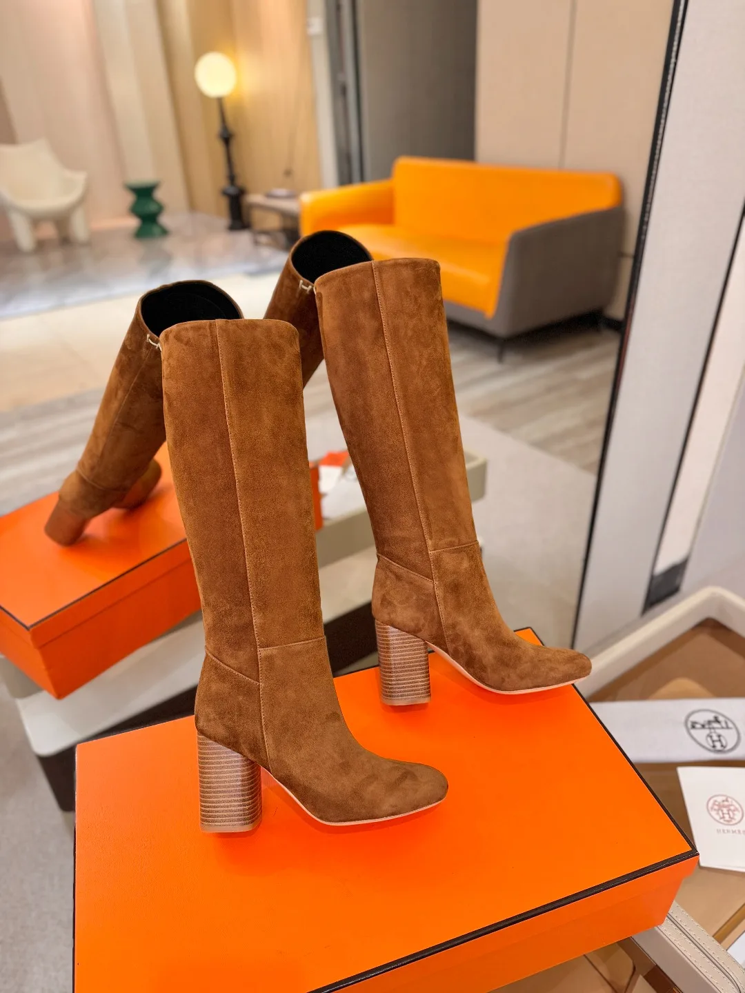 Hermes Cowhide Knee-High Boots in Brown · view 6