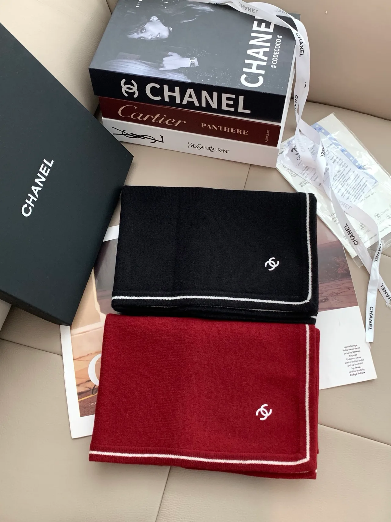 Chanel Square Scarf in Burgundy & Black · view 2