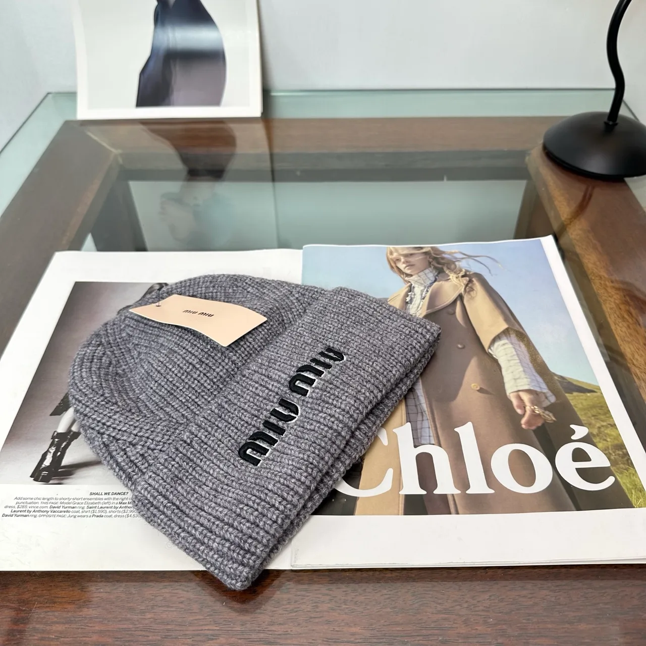 Miu Miu Ribbed Embroidered Beanie in Grey · view 3