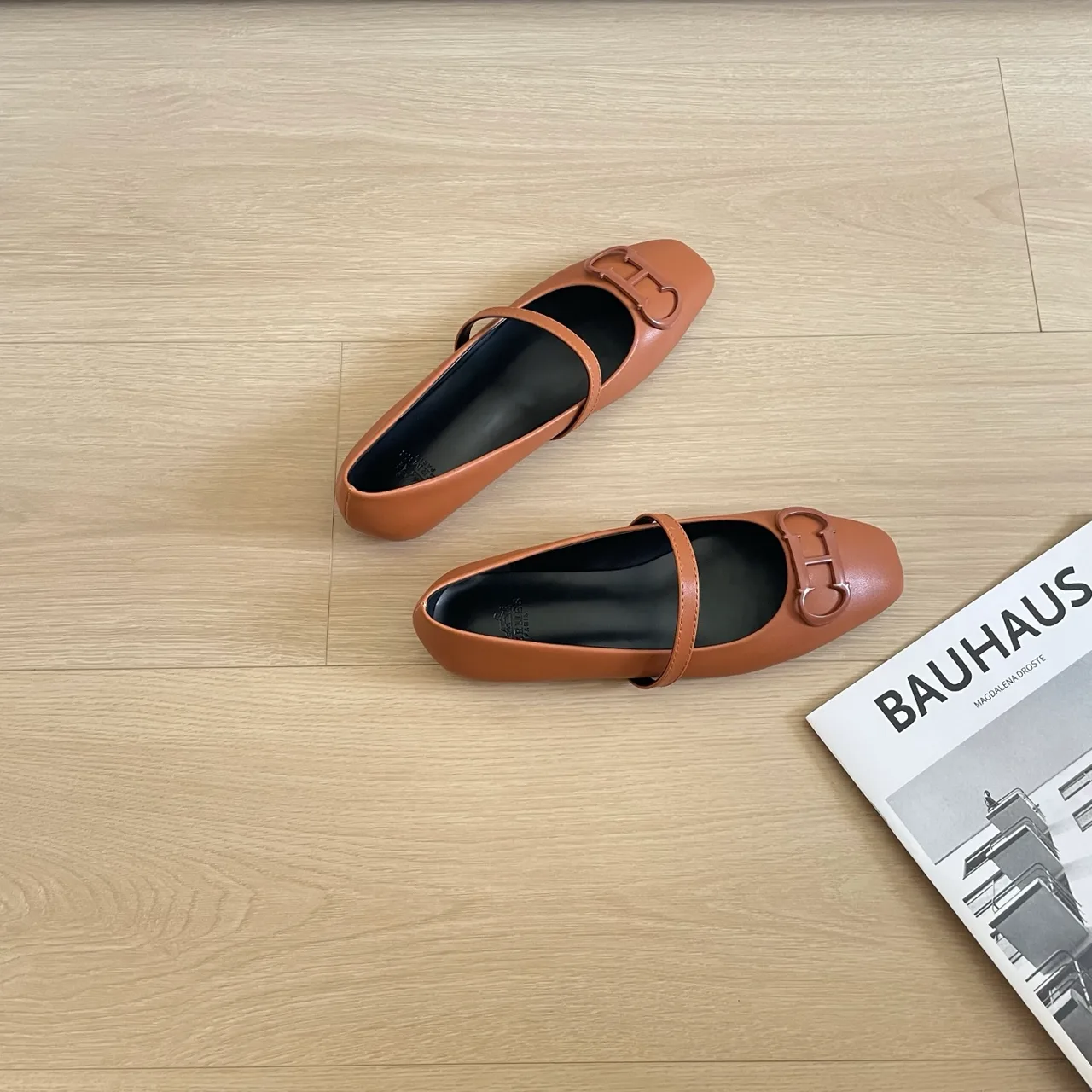 Hermes Leather Glossy Square-Toe Mary Jane Shoes in Tan · view 6