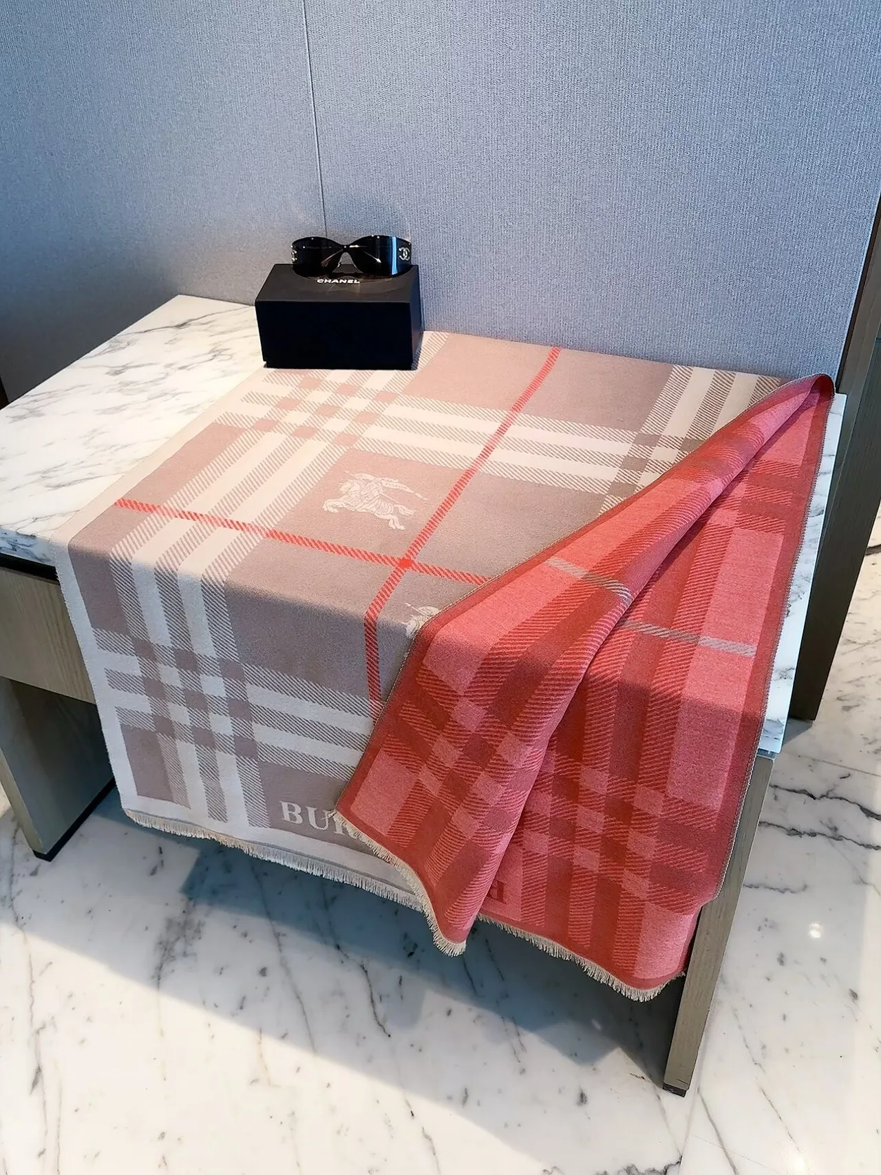 Burberry Check Equestrian Shawl in Beige & Red & Black · view 7