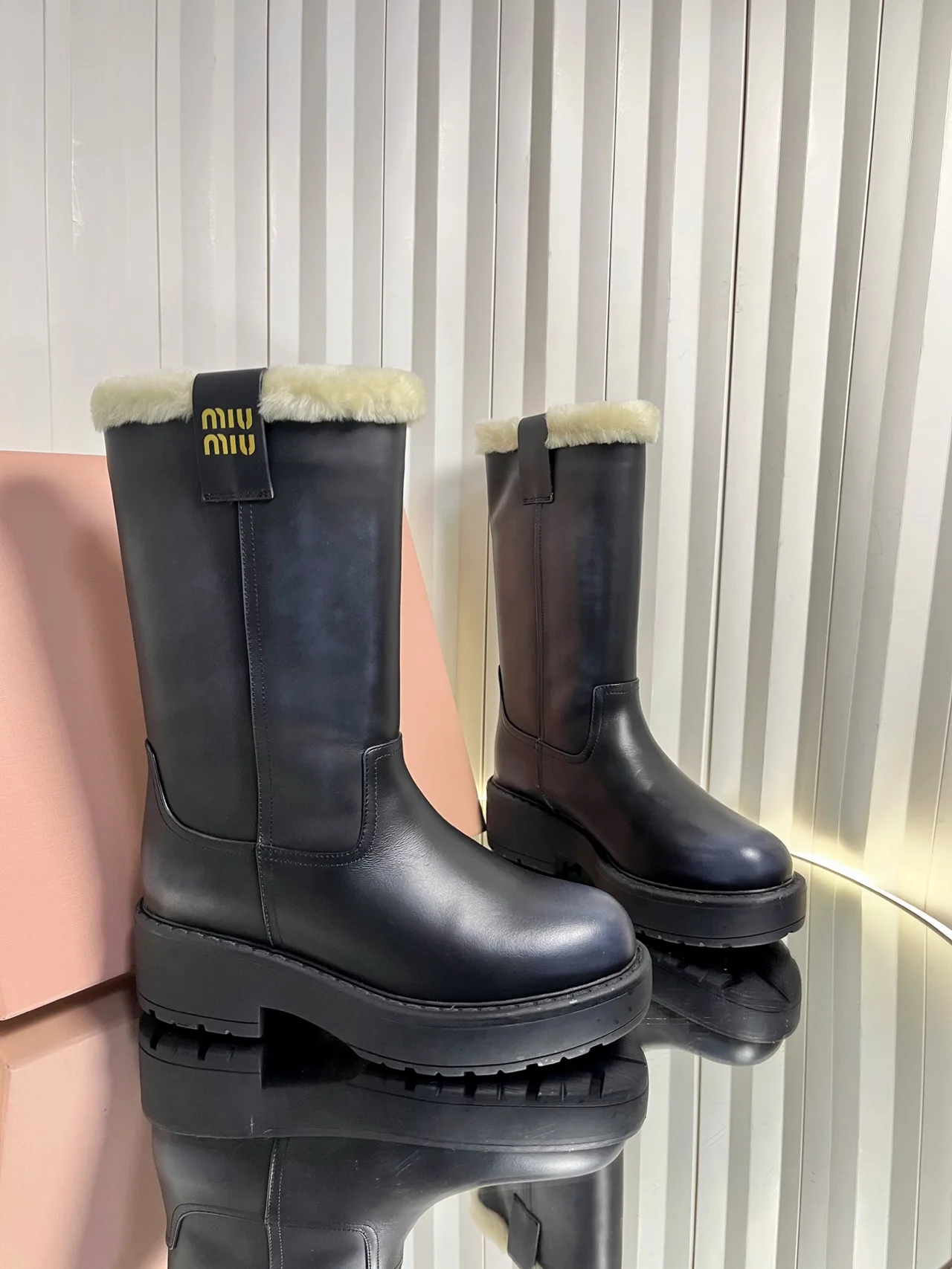 Miu Miu Calfskin Glossy Boots in Black · view 1