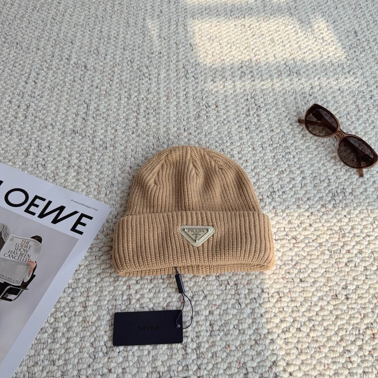 Prada Ribbed Beanie in Beige · view 8