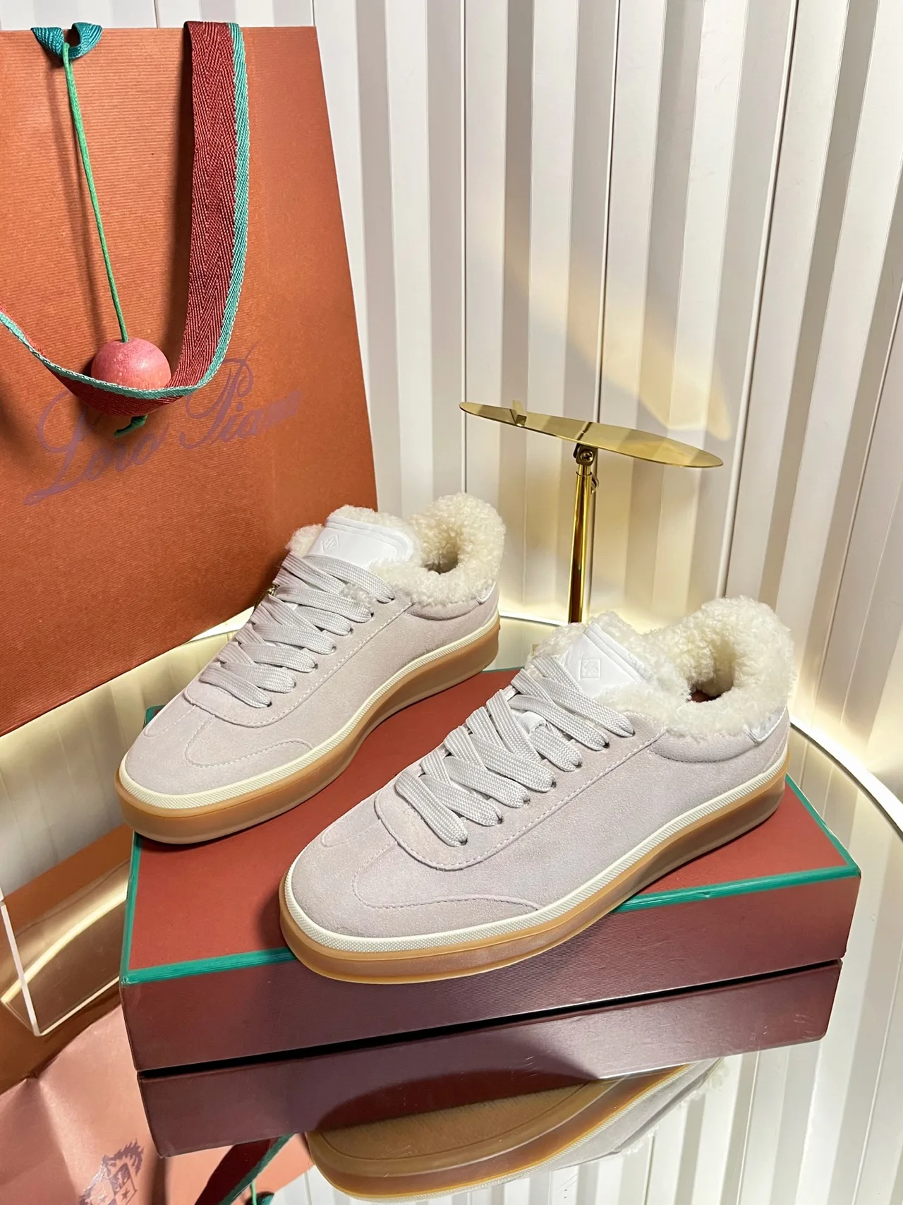 Cashmere Round-Toe Lined Low-Top Sneakers in White · view 3