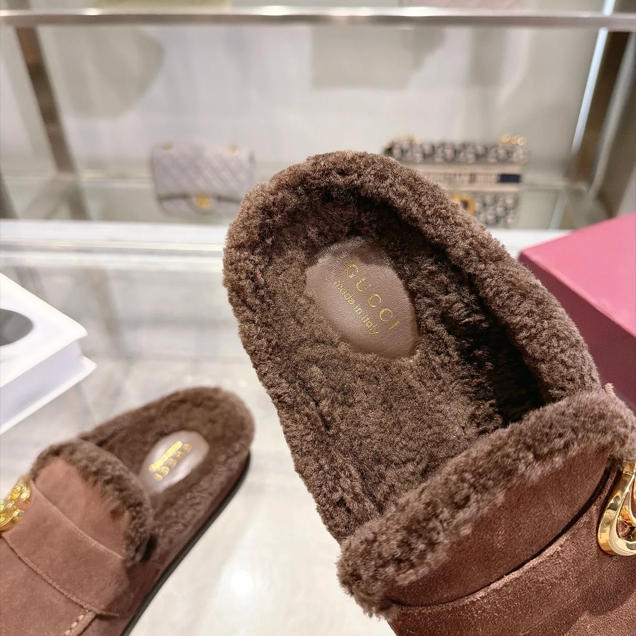 Gucci Cowhide Wool Suede-Look Buckle Mules in Brown · view 8