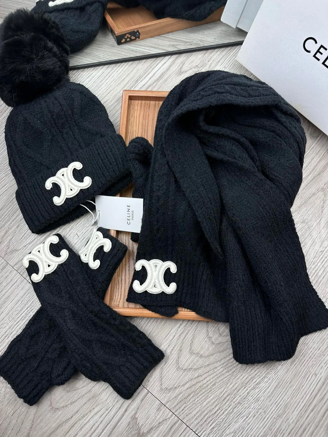 Celine 50% Wool 50% Acrylic Embroidered 3-Piece Set (Hat, Scarf & Gloves) in Black · view 7