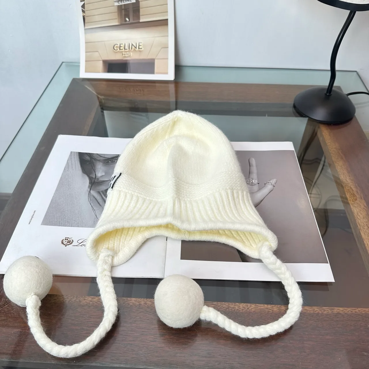 Miu Miu Earflap Beanie in Beige & Grey & Black · view 5