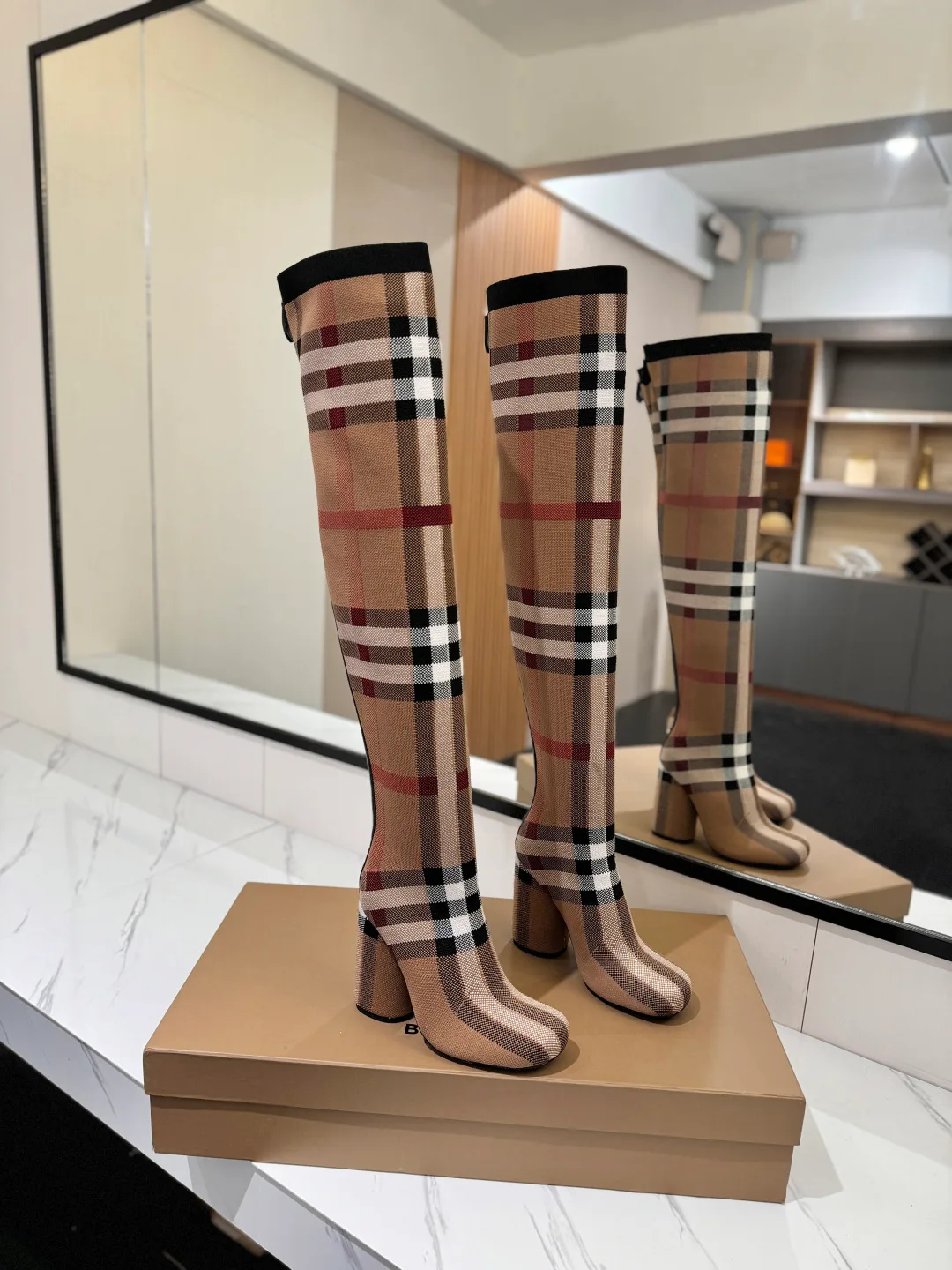 Burberry Check Knee-High Boots in Beige · view 1