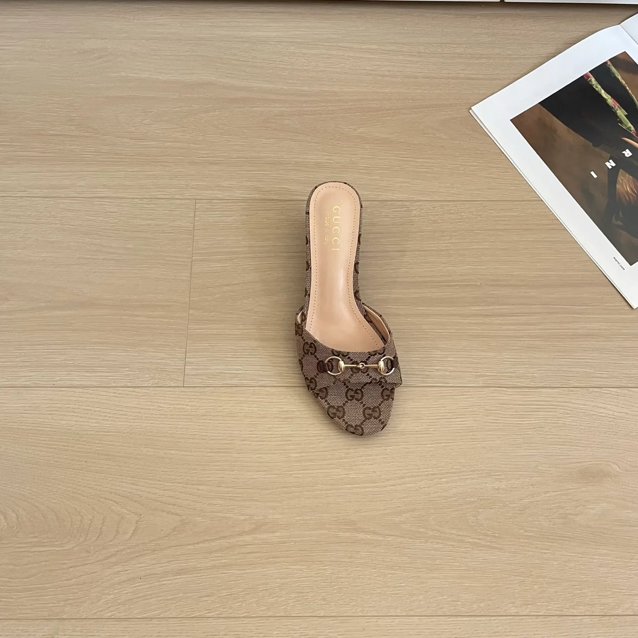 Gucci Canvas Square-Toe Buckle Mules in Brown · view 7