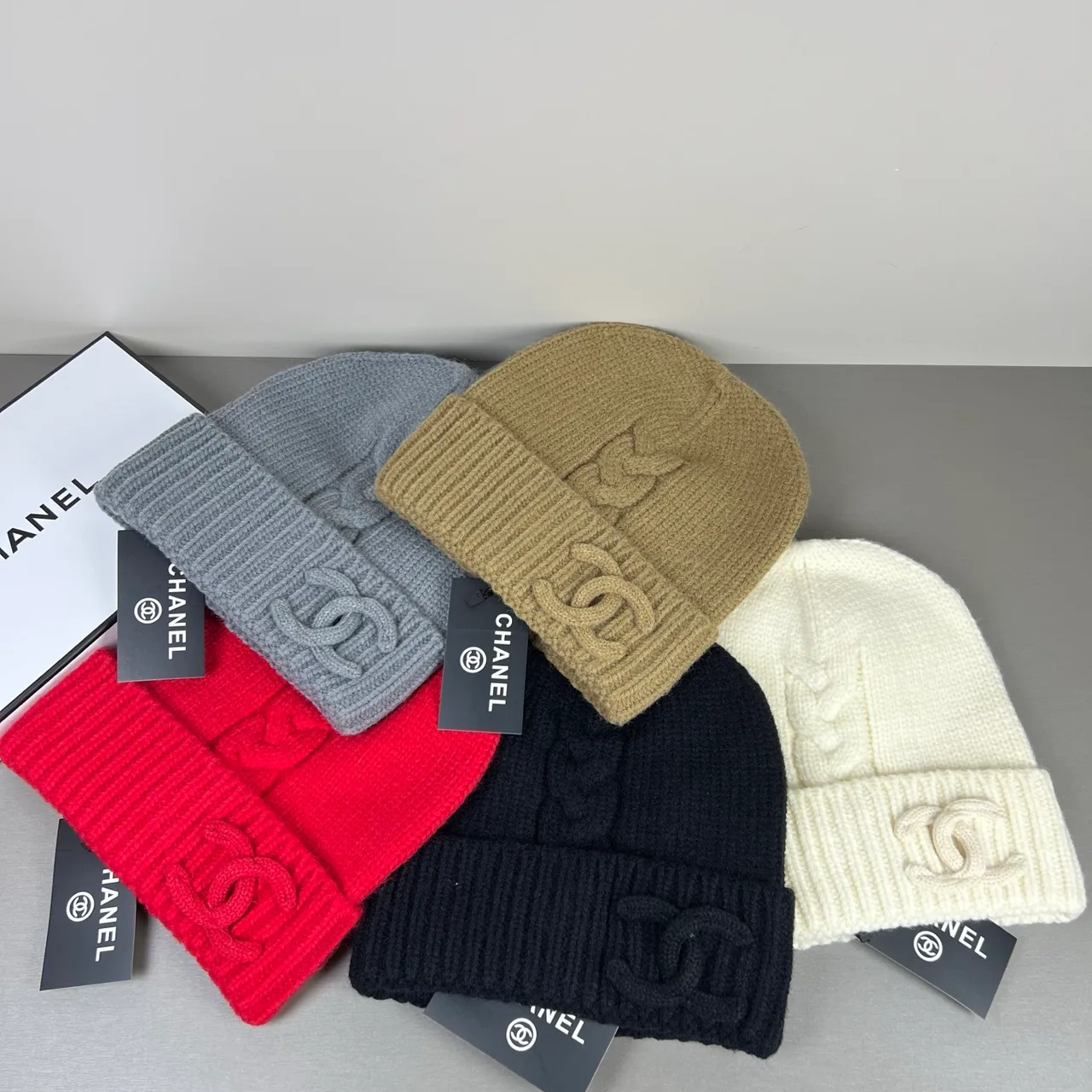 Chanel Raised CC Knit Beanie in Green & Grey & Red & Blue & White · view 4
