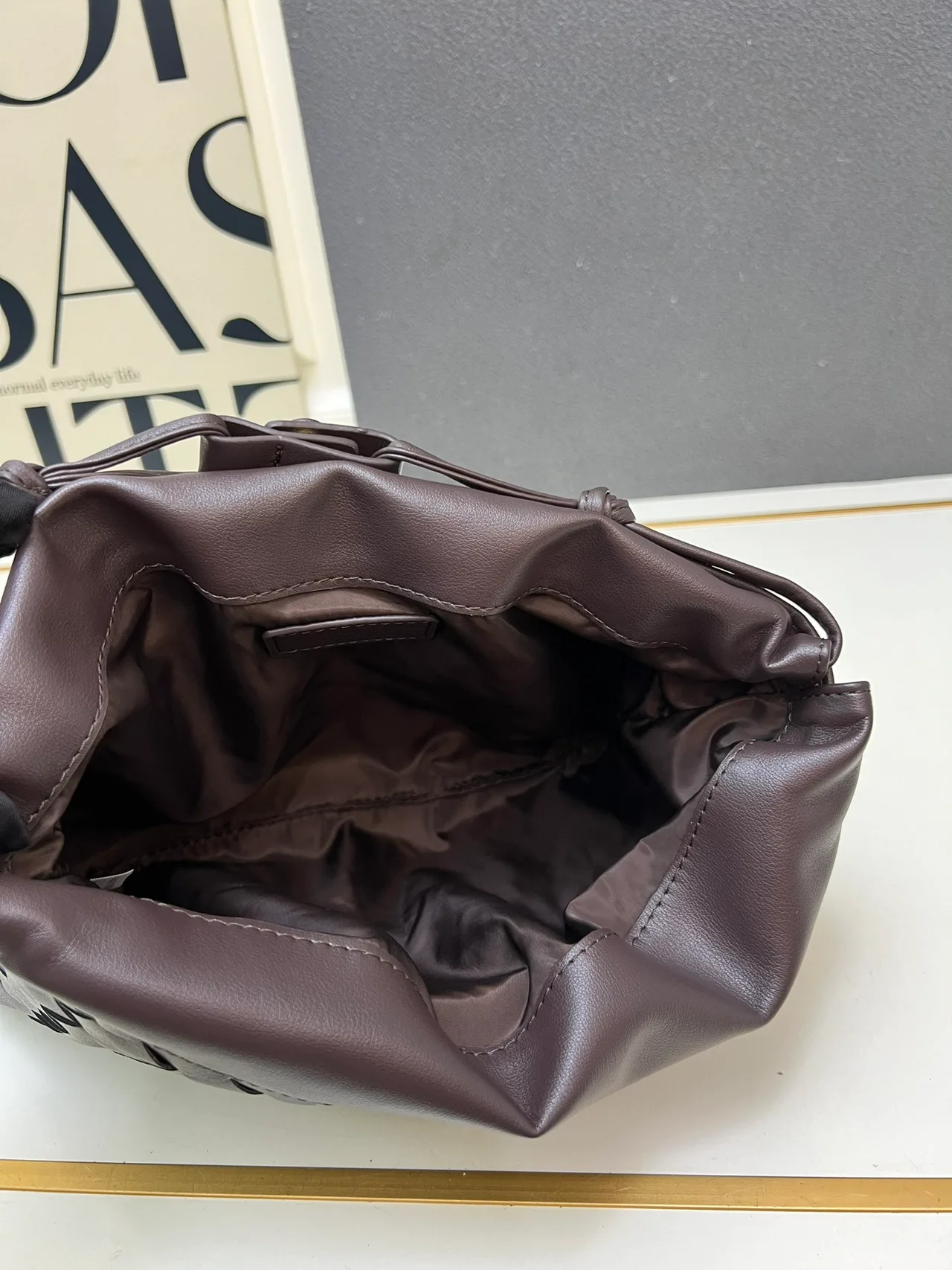 Bottega Veneta Smooth Woven Drawstring Pouch in Brown · view 7