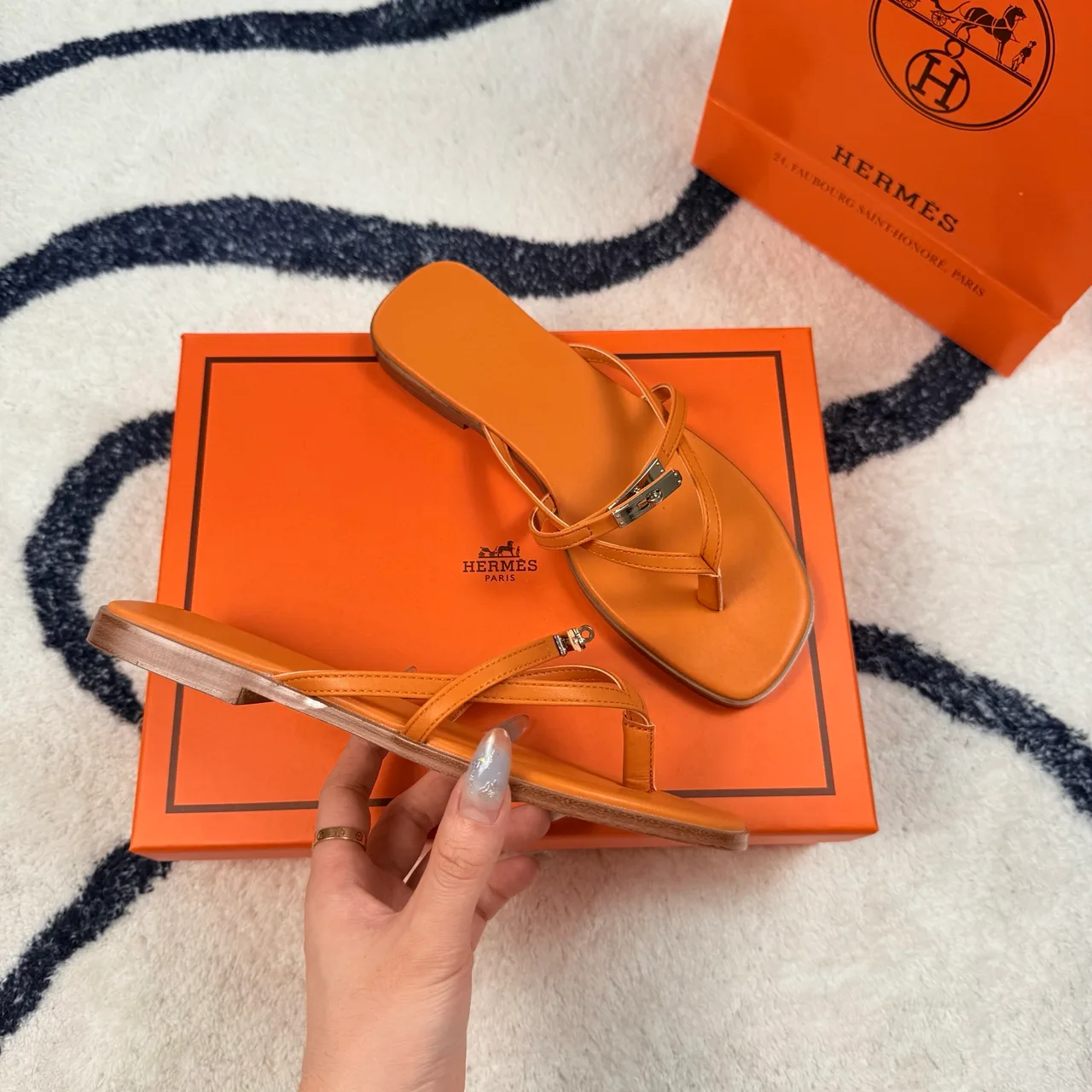 Hermes Denim Leather Flip-Flops in Orange · view 3