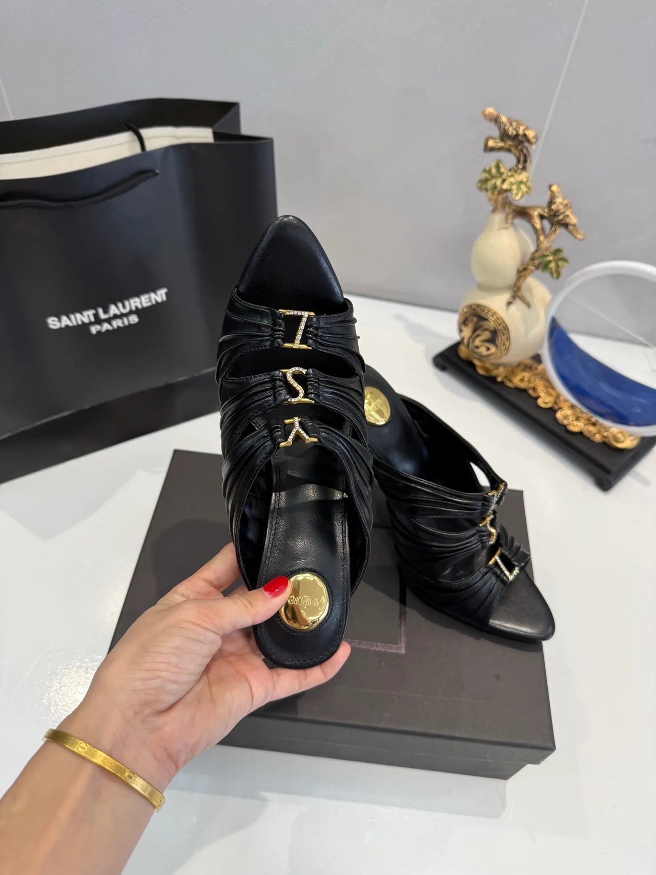 Saint Laurent Letter-Strap Heel Mules in Black / Red · view 4