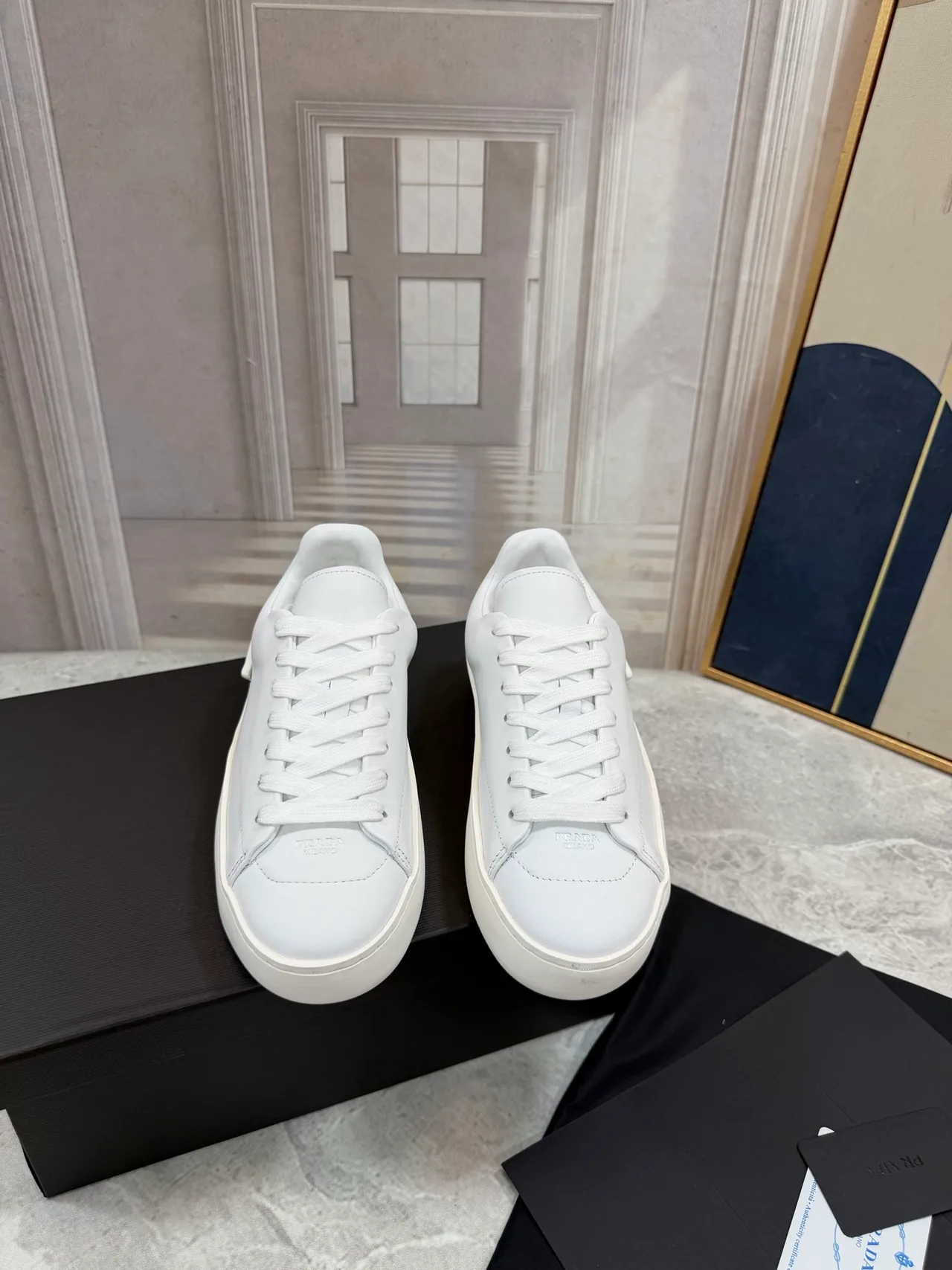 Prada Cowhide Smooth Low-Top Sneakers in White · view 6