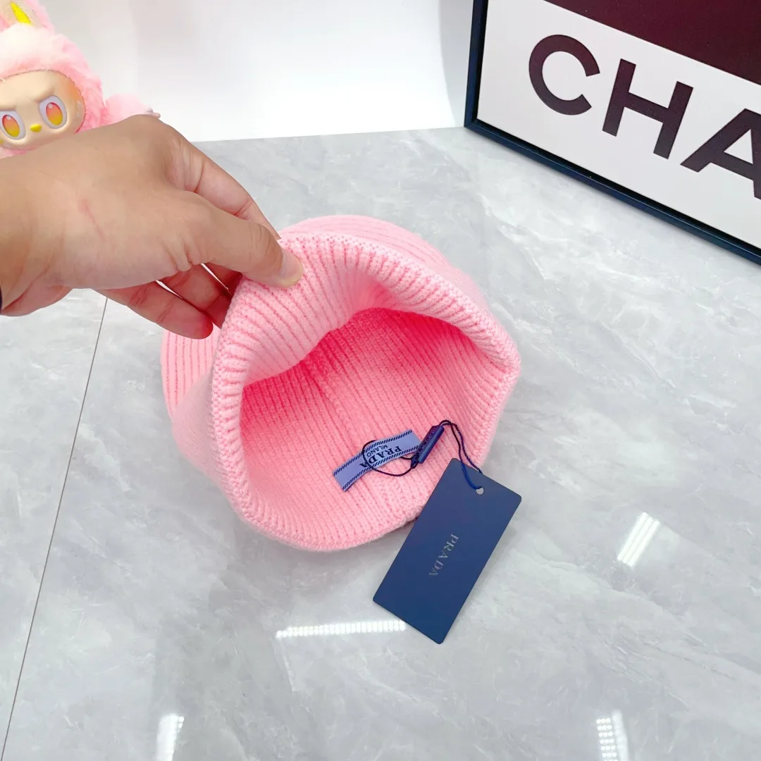 Prada Wool Triangle Logo Knit Beanie in Pink · view 7