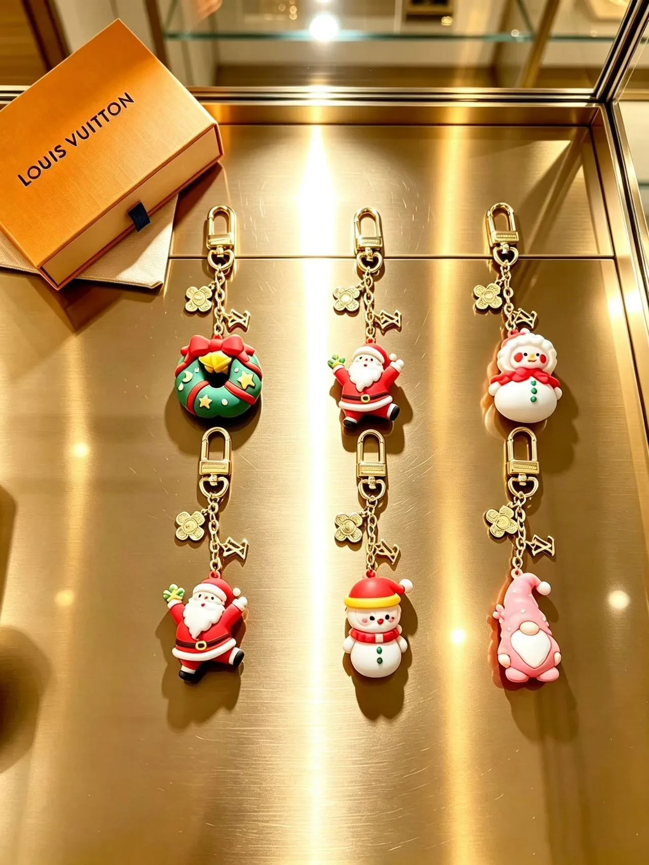 Louis Vuitton Christmas Figure Keychain in Green & Red & White & Pink · view 1