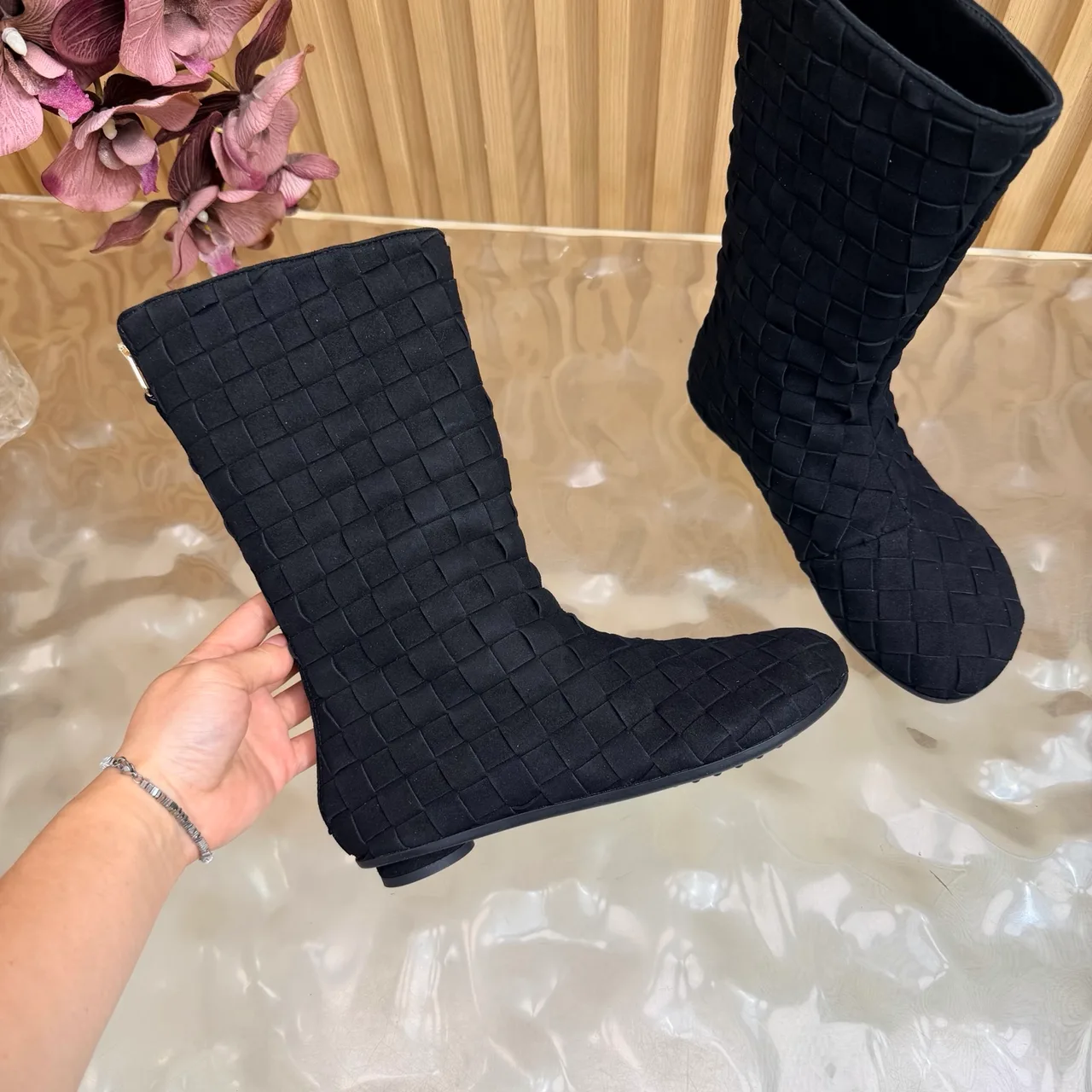 Bottega Veneta Woven Glossy Pointed-Toe Ankle Boots in Black · view 8