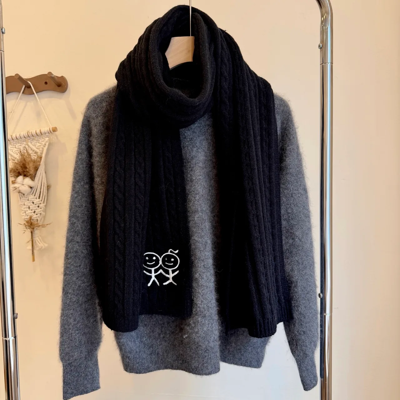 Embroidered Stick-Figure Ribbed Scarf in Black · view 3