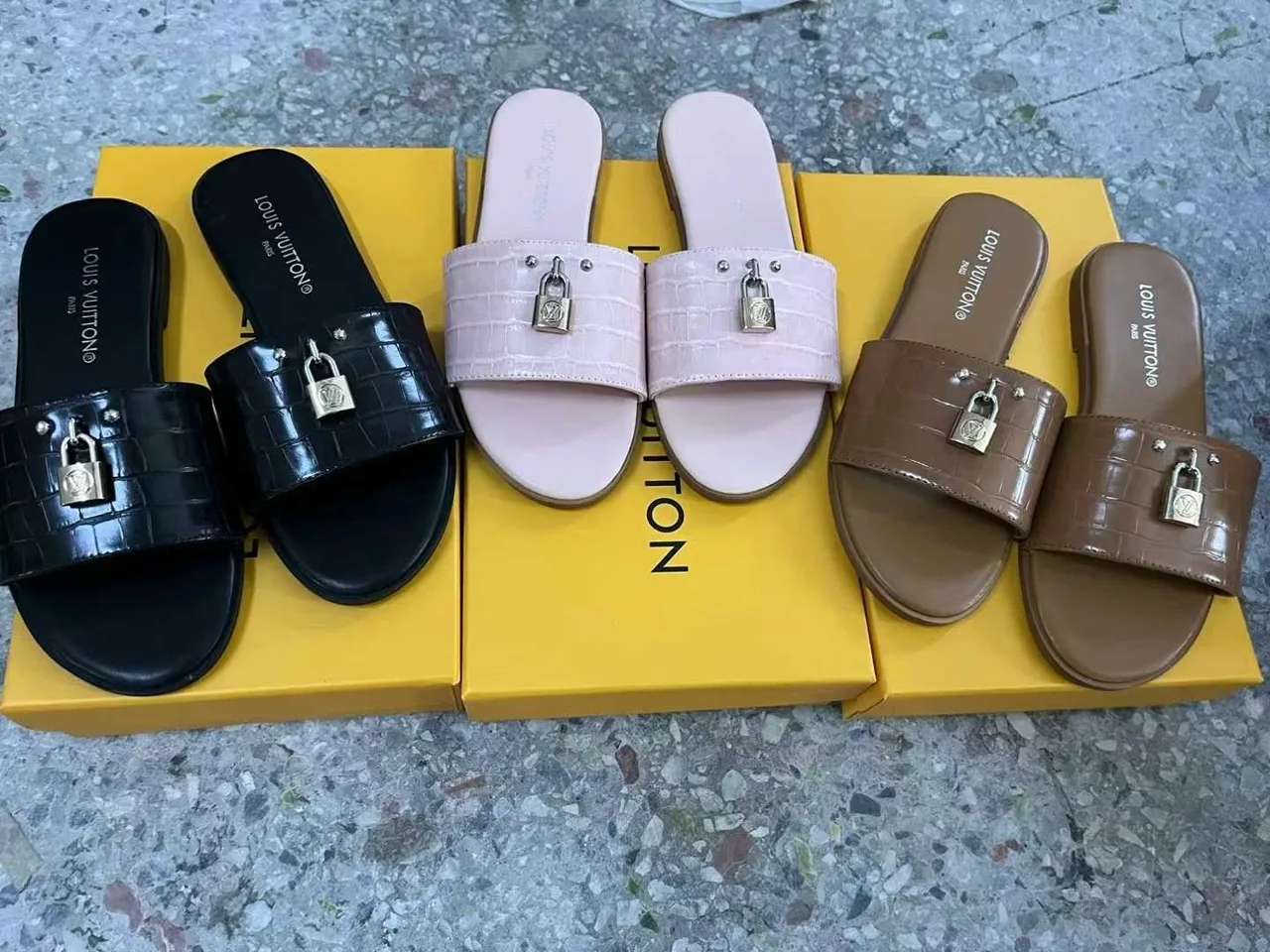 Louis Vuitton Lock Slides in Black & Brown & Pink · view 4