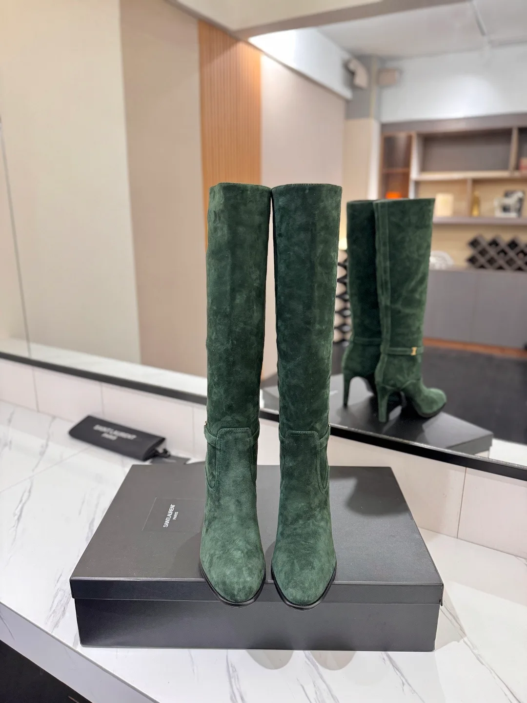 Saint Laurent Cowhide Sheepskin Suede-Look Pointed-Toe Buckle Boots in Green · view 3