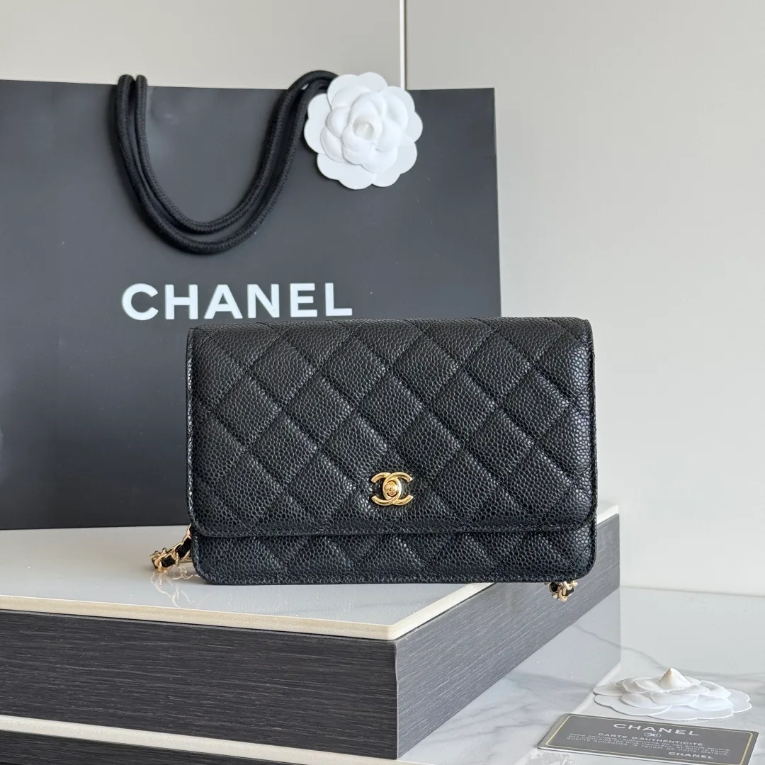 Chanel Calfskin Quilted Chain Wallet in Black · view 1