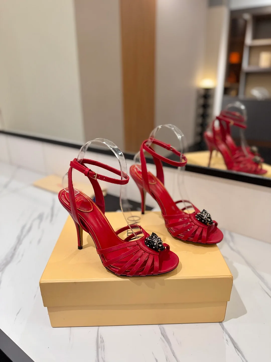 Valentino Pointed-Toe Crystal Cage Heel Sandals in Red · view 1