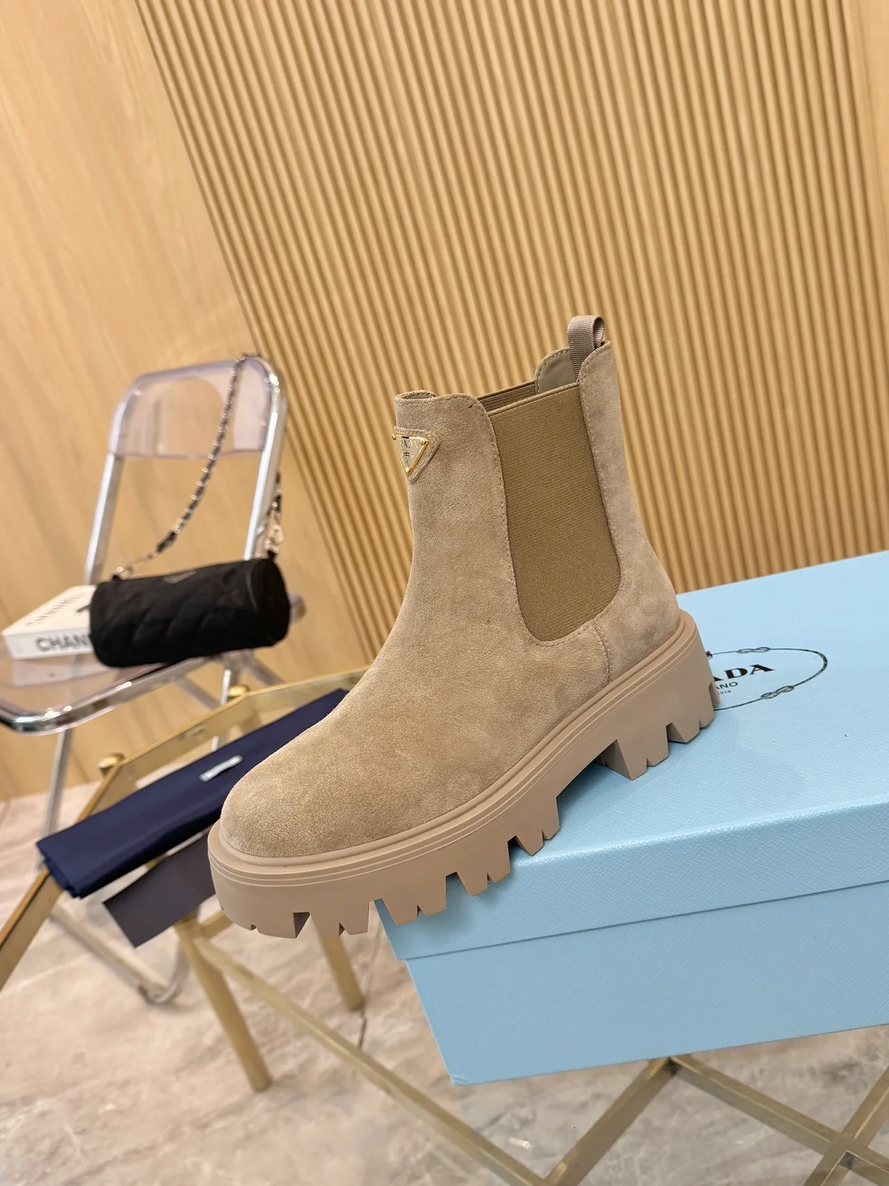Prada Suede-Look Ankle Boots in Beige · view 6