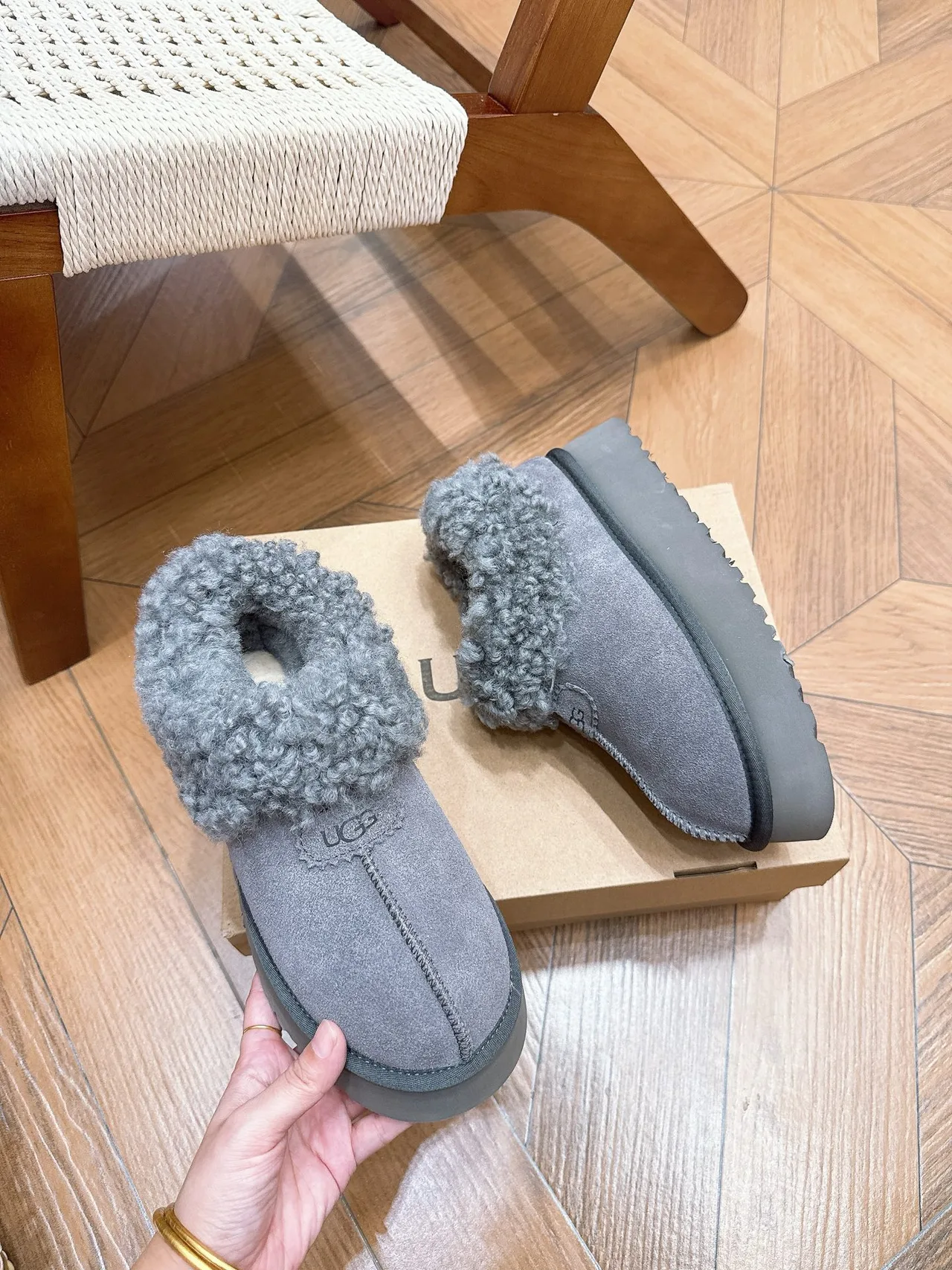 UGG Cowhide Wool Suede-Look Slippers in Grey · view 6