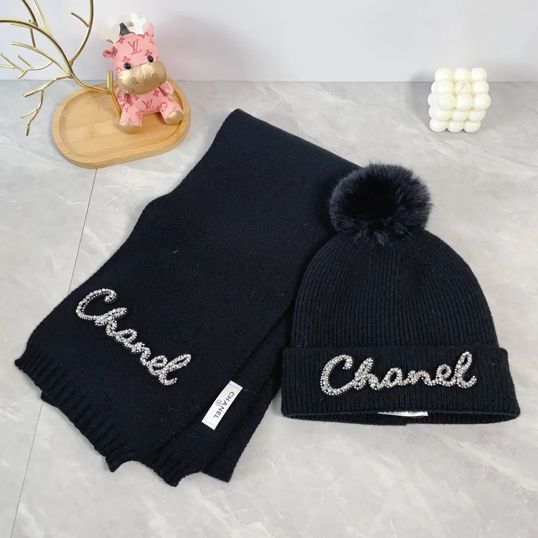 Chanel Wool Ribbed Embroidered Hat and Scarf Set in Black · view 1