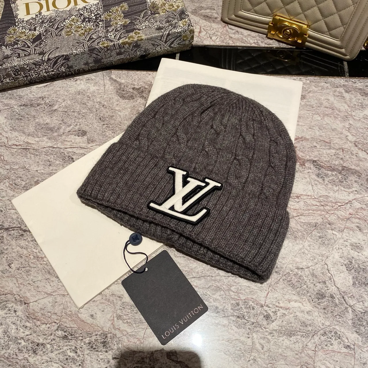 Louis Vuitton Cable Beanie in Pink & Burgundy & Grey & Blue & Beige & White & Brown & Black · view 7