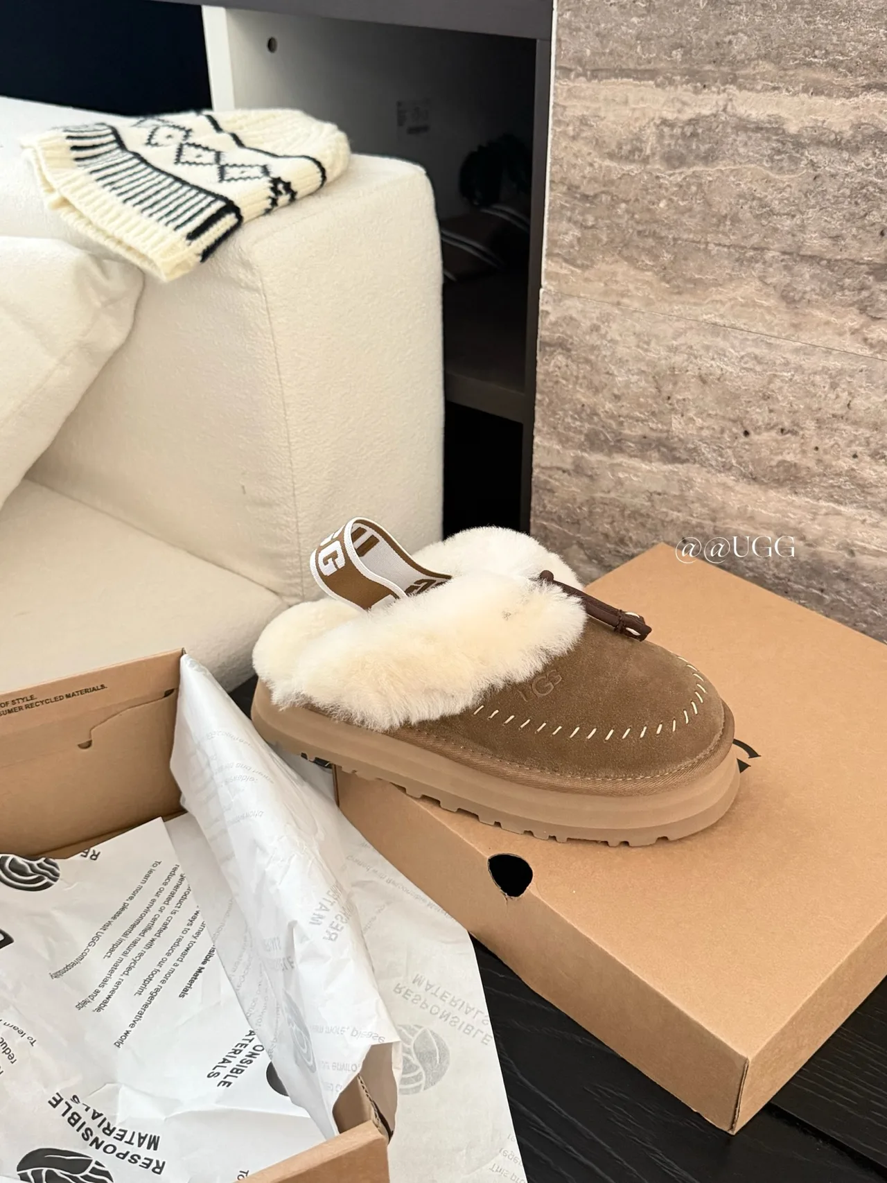 UGG Cowhide Wool Suede-Look Tassel Slippers in Brown · view 7