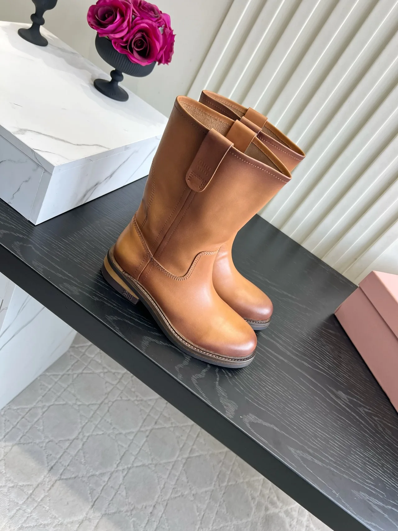 Miu Miu Cowhide Smooth Round-Toe Mid-Calf Boots in Tan · view 3