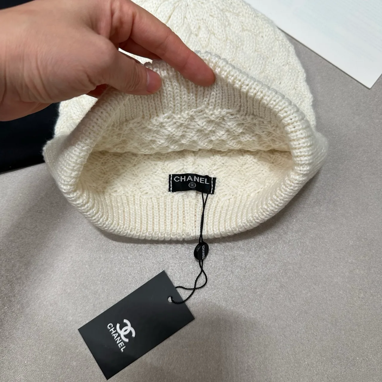 Chanel Textured CC knit beanie in Black & Pink & Cream · view 4