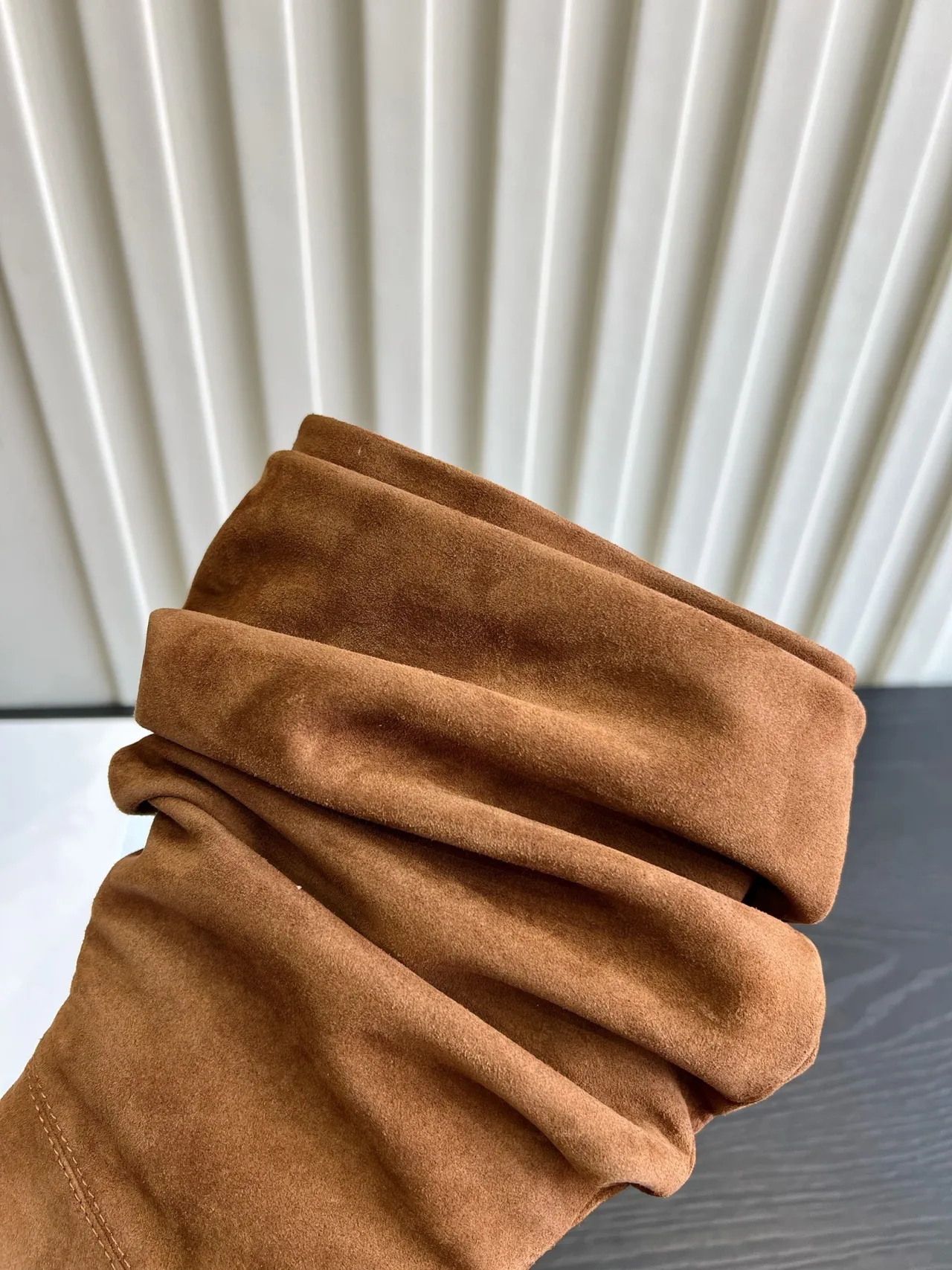 Amina Muaddi Cowhide Glossy Pointed-Toe Knee-High Boots in Tan · view 7