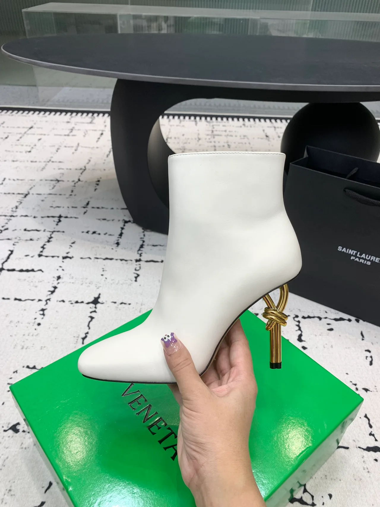 Bottega Veneta Calfskin Glossy Knot-Heel Ankle Boots in White · view 6