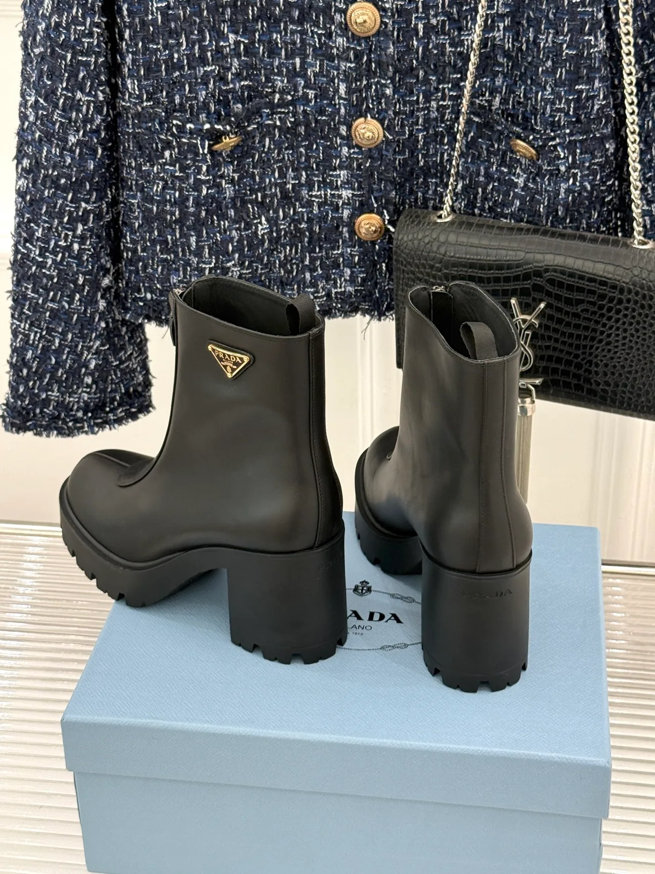Prada Denim Glossy Front-zip ankle boots in Black · view 5