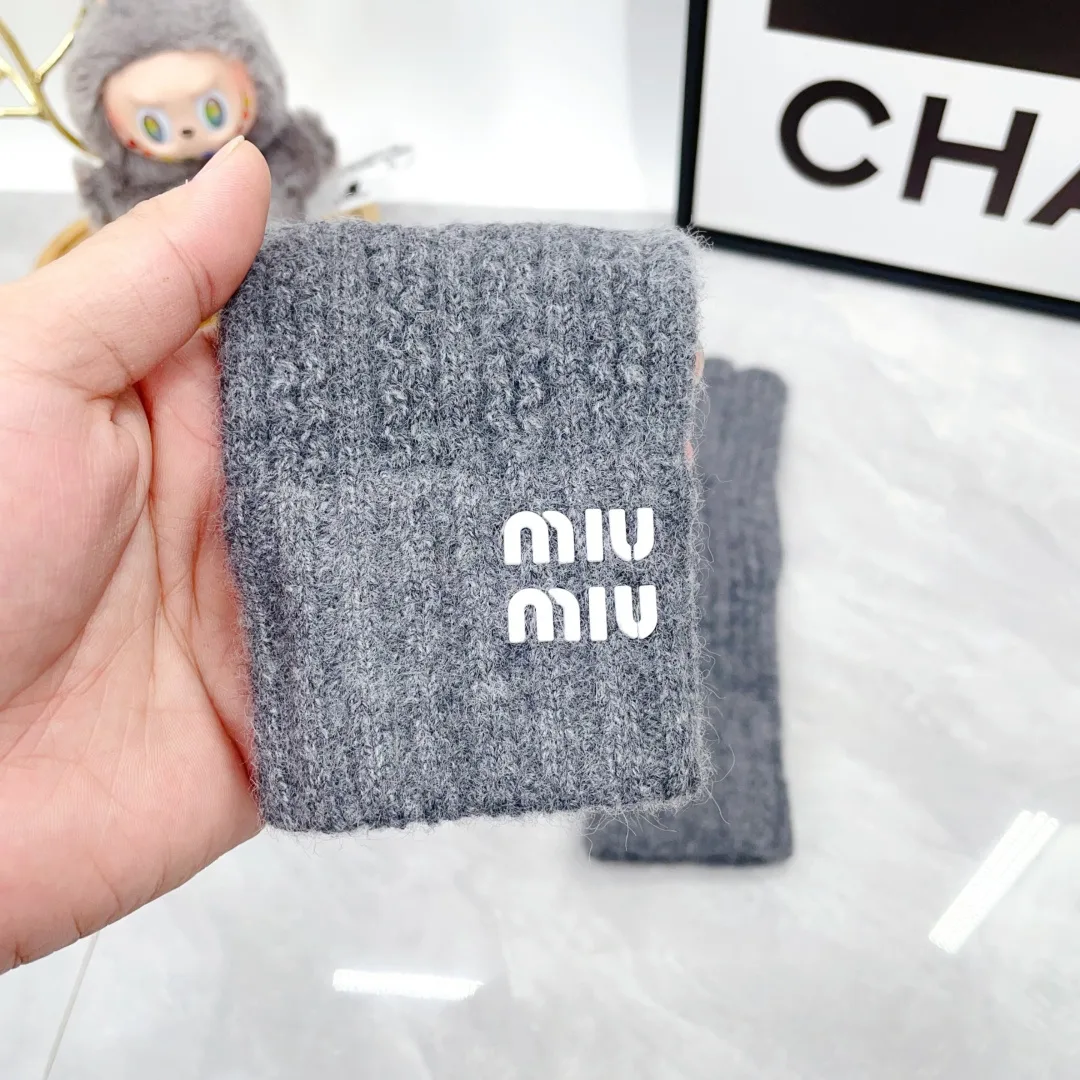 Miu Miu Wool Ribbed Hat Scarf and Gloves Set in Grey · view 8
