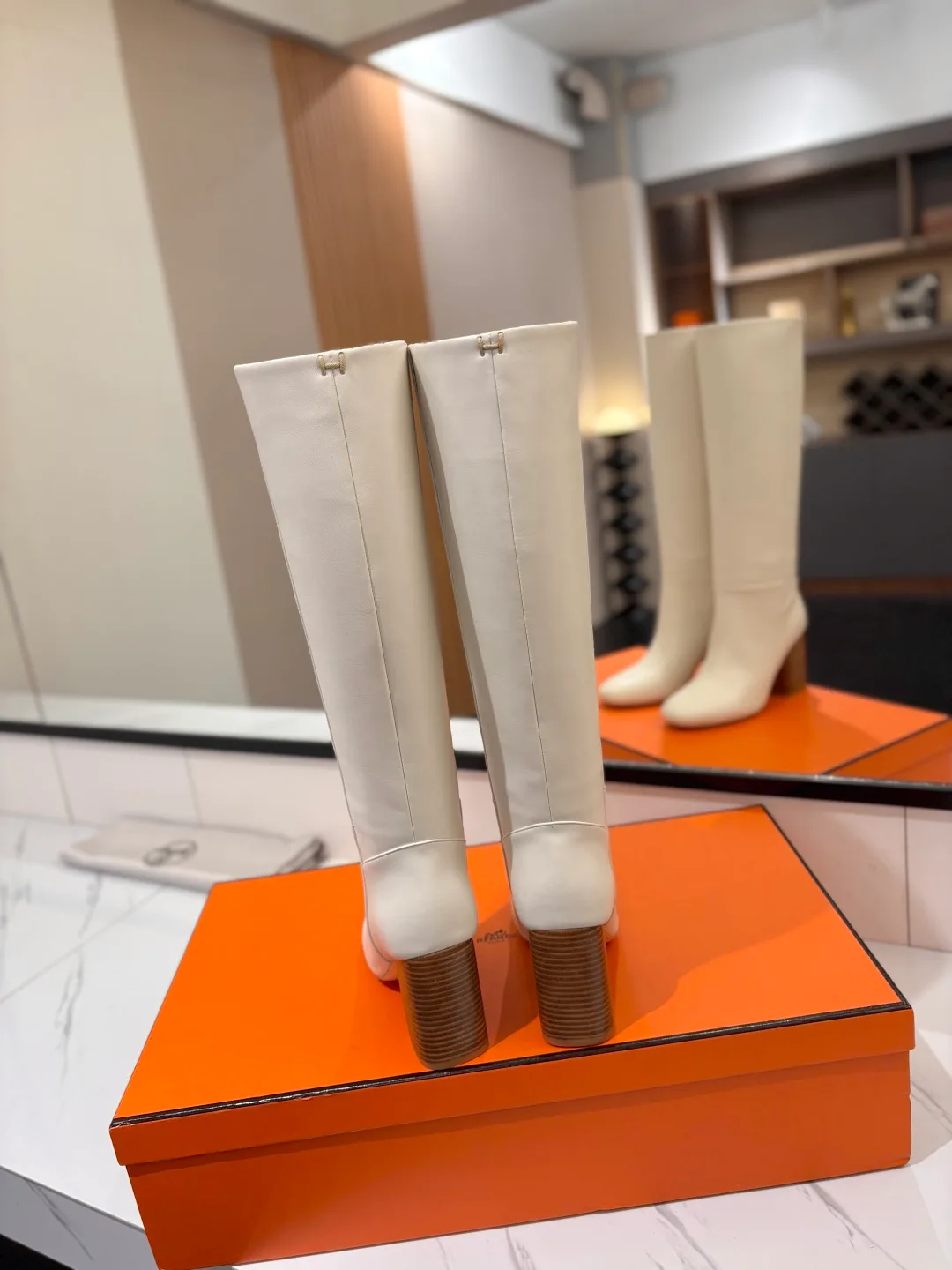 Hermes Cowhide Matte Round-Toe Knee-High Boots in White · view 5