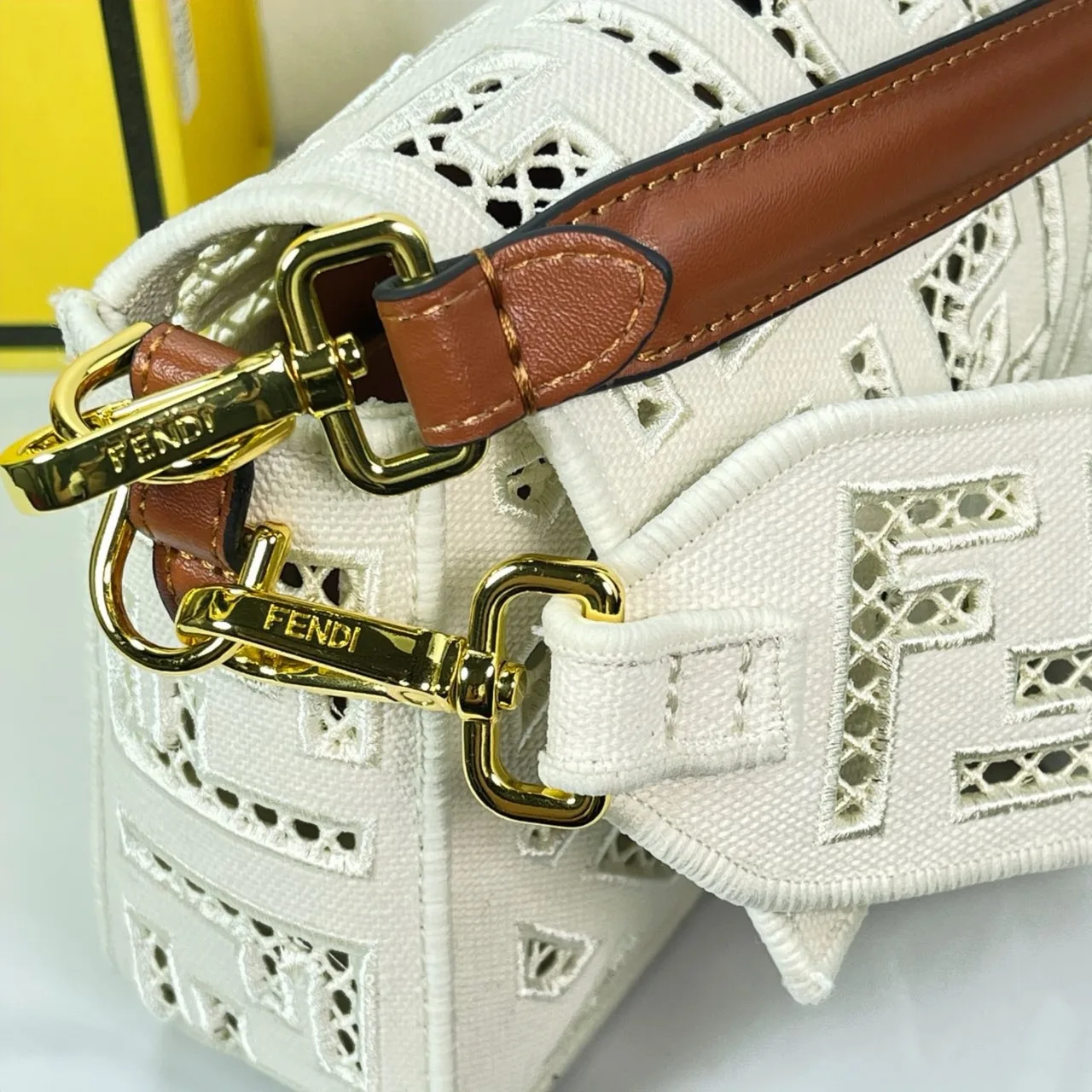 Fendi Canvas Cutout FF-Pattern Flap Shoulder Bag in White · view 5
