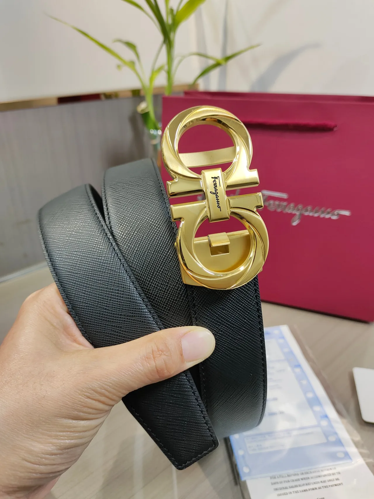 Ferragamo Calfskin Glossy Belt in Black · view 5