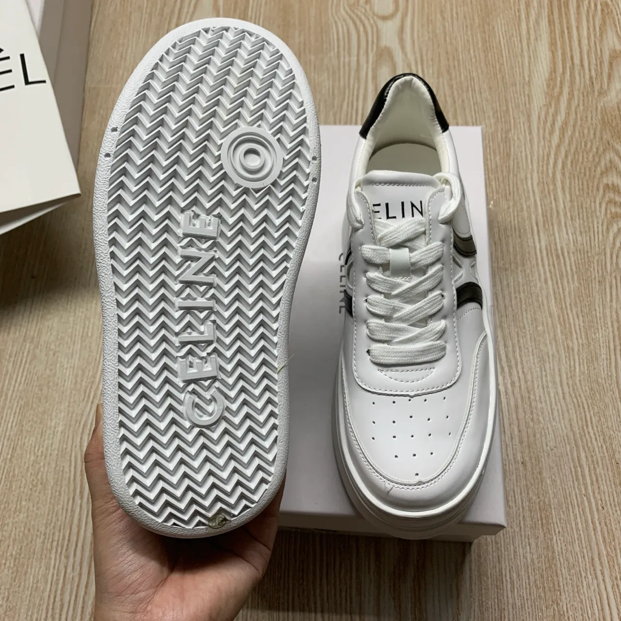 Celine Striped Lace-Up Sneakers in White · view 6