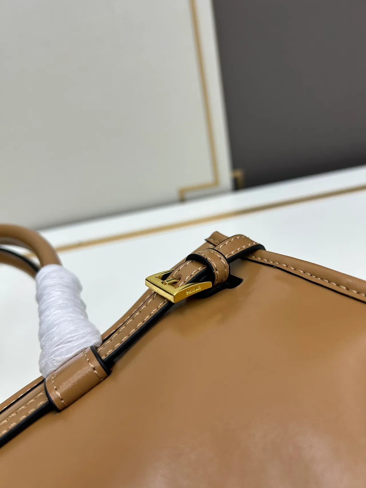 Prada Smooth Top-Handle Bag in Tan · view 6